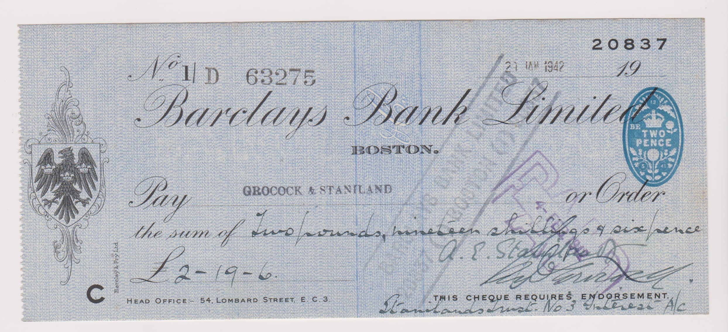 Barclays Bank Limited, Boston. Used, order, BO 13.5.41. Black on blue. Printer Barclay & Fry