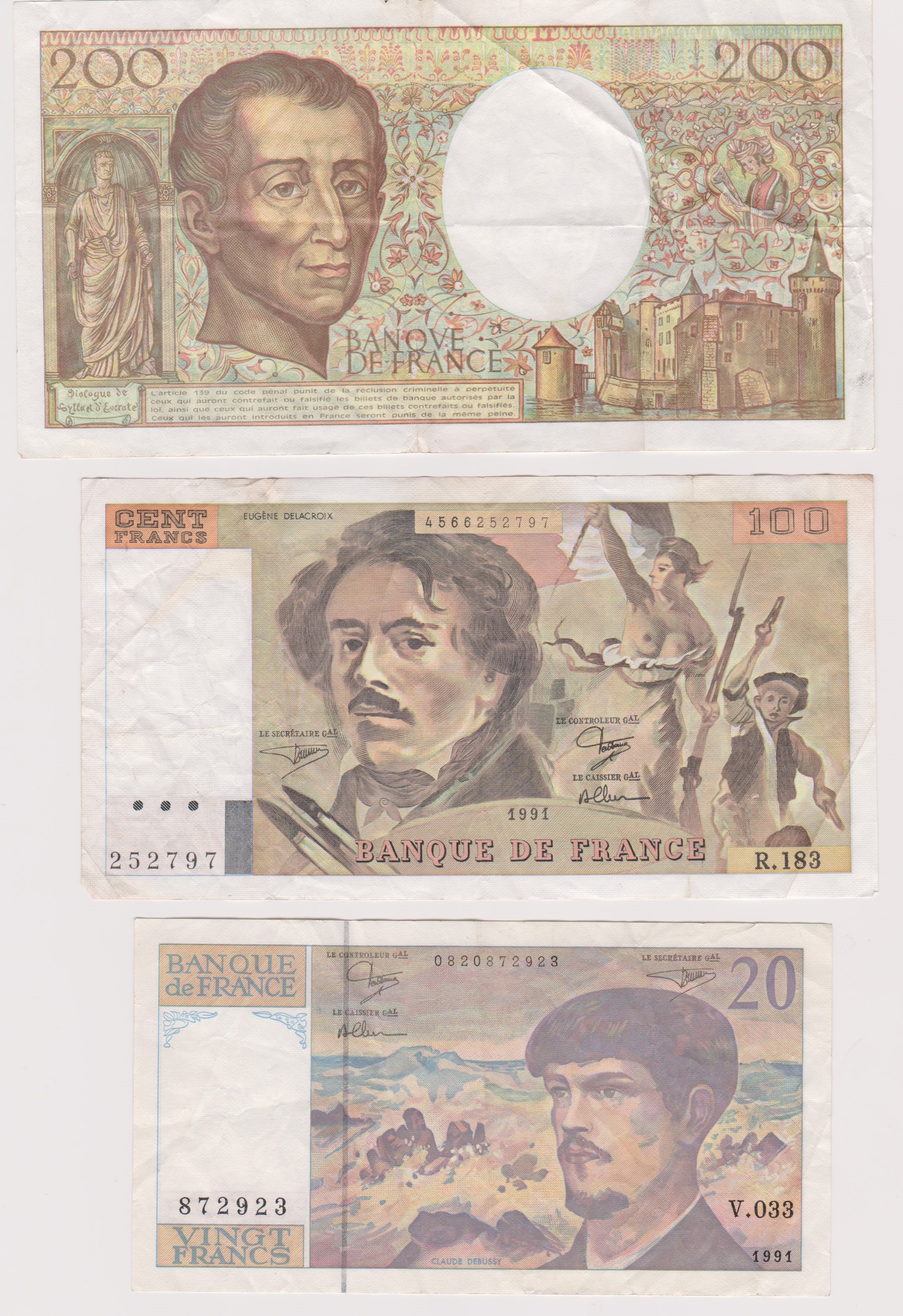 France 1991 20 Francs, 100 Francs and 1990 200 Francs, VF, (3)