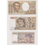 France 1991 20 Francs, 100 Francs and 1990 200 Francs, VF, (3)