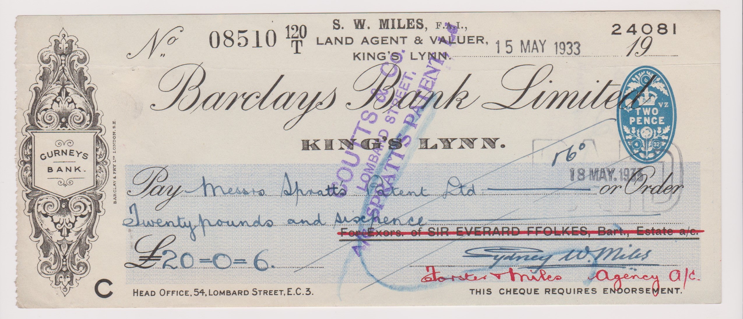 Barclay & Company Limited, King's Lynn. Used, order cheque, RO 6.4.32. Black on cream with blue