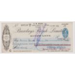 Barclay & Company Limited, King's Lynn. Used, order cheque, RO 6.4.32. Black on cream with blue