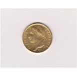 Gold Napoleon Twenty Francs 21mm, value with wreath, prior design before Waterloo defeat, 90% pure