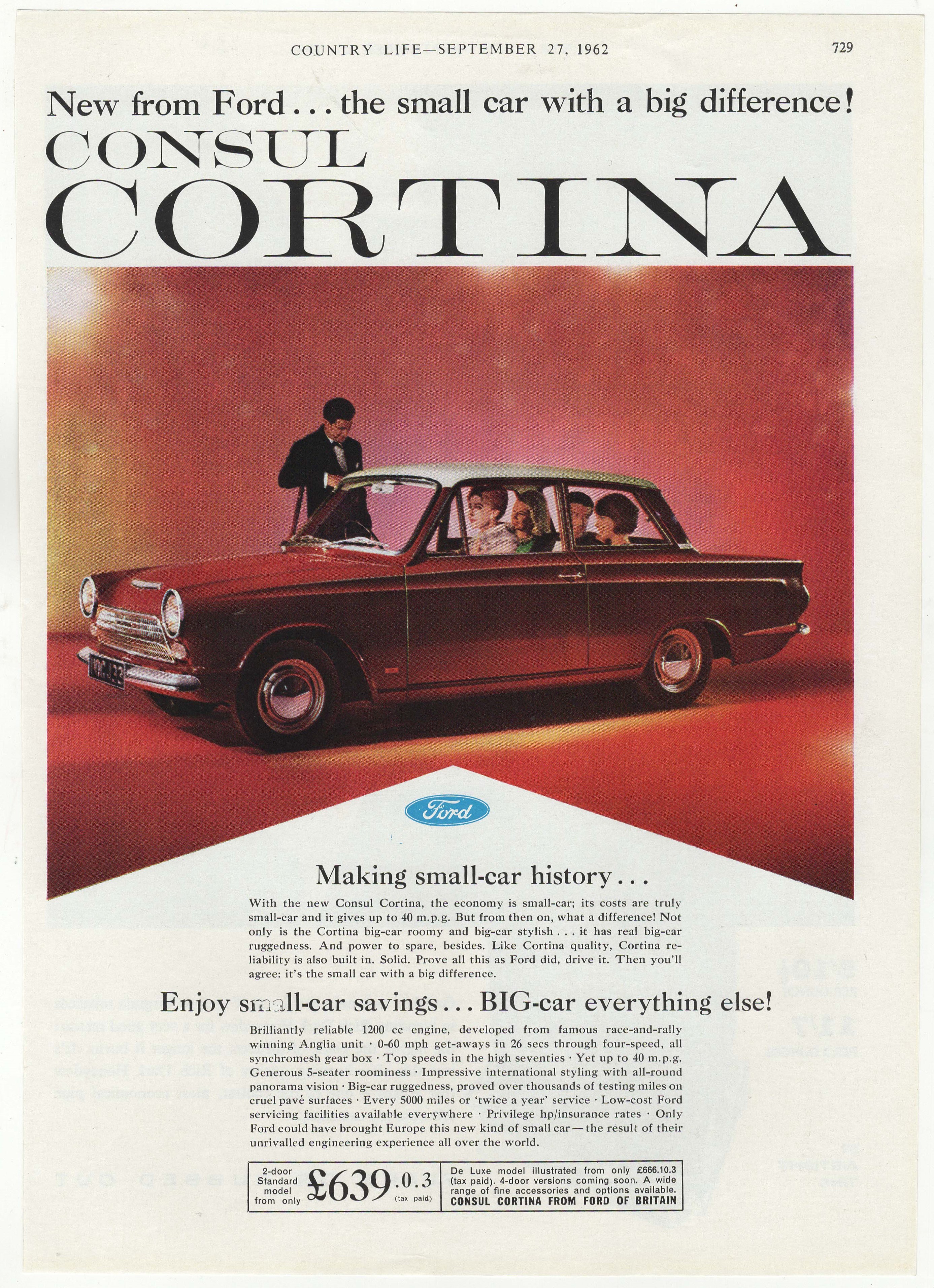 Consul Cortina 1962-full page colour advertisement-'Ford of Britain-Priced £639'-9" x 12" approx.