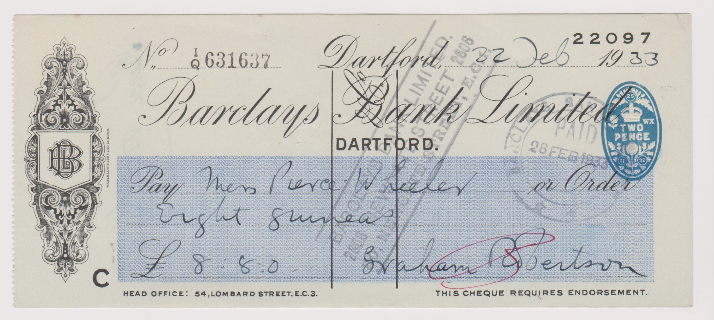 Barclays Bank Limited, Dartford. Used, order BO 25.11.32. Black on cream with blue panel. Printer: