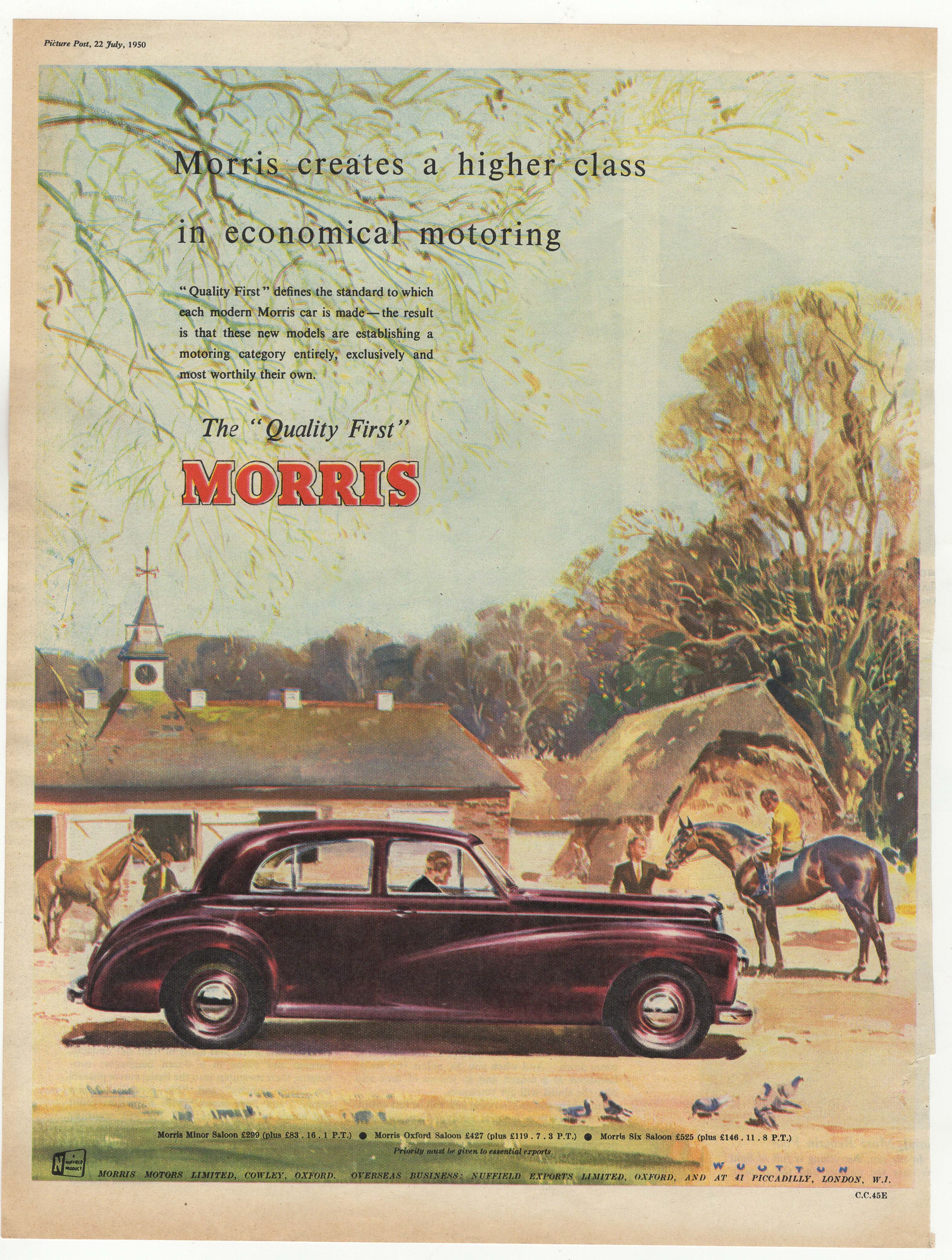 Morris Saloons 1950-full page colour advertisement-'The Quality First'-Morris Price for an Saloons-