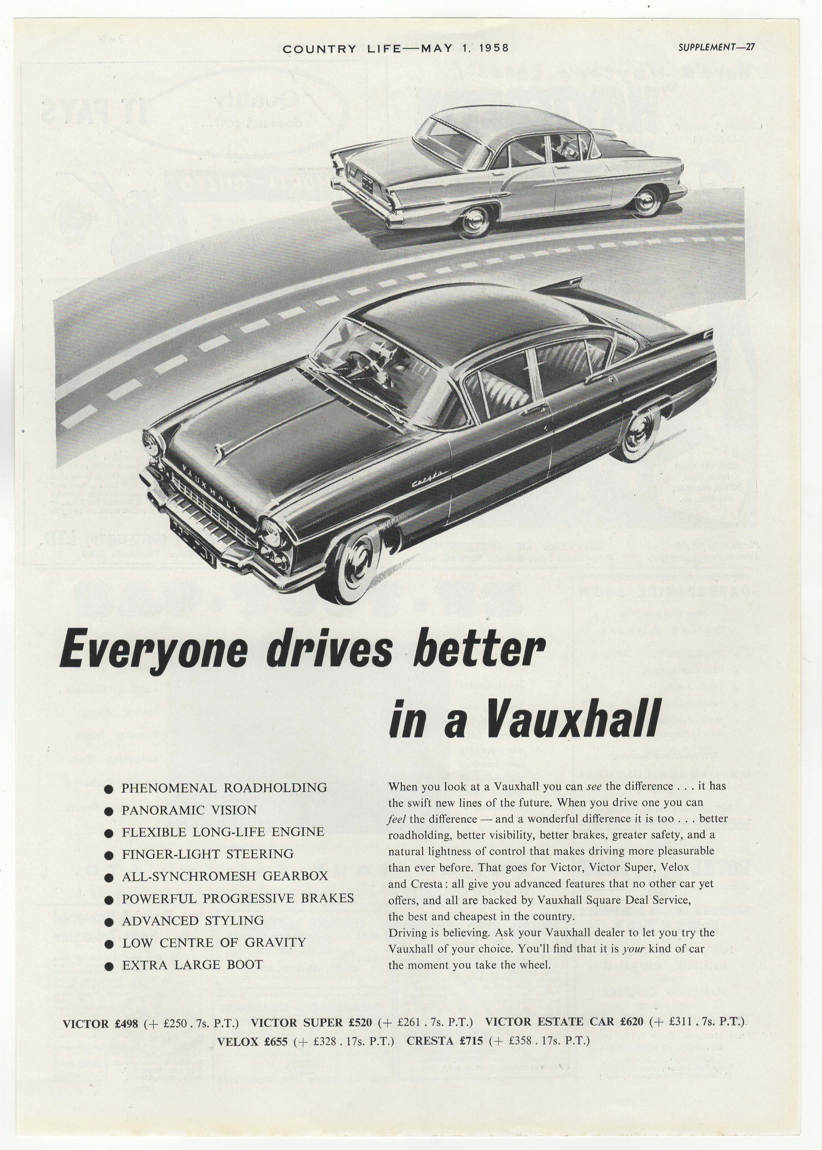 Vauxhall 1958-Full page advertisement -'Everyone Drives in a Vauxhall Motor Price Below Victor £