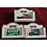 Days Gone By-Lledo boxed -(1) Singer Sewing Machine Co Ltd-(2) Fire Engine-(3) Green Bus-excellent