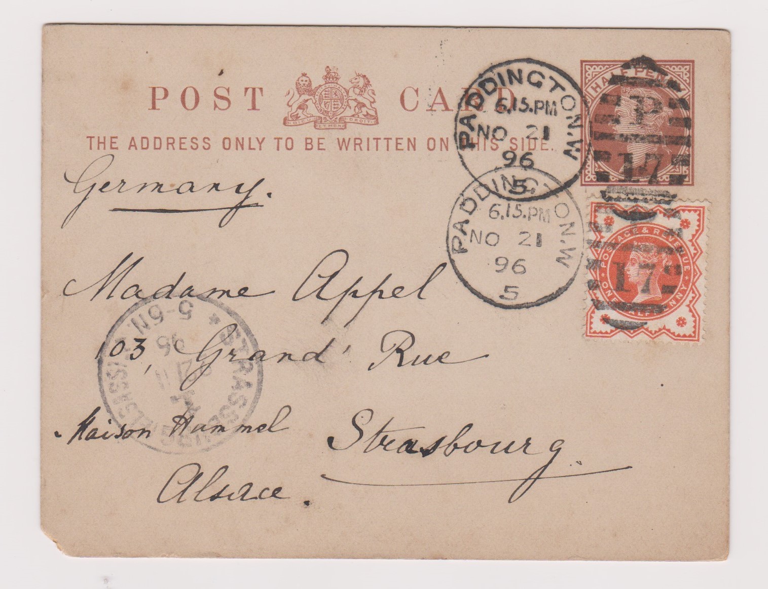 Great Britain 1896-Pre pad 1/2d postal rate post card posted to Strasburg cancelled 21.11.1896