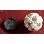 Japanese Carved bone Ball - with carving inside slight break inside comes with wooden stand-good