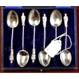 1908 - Chester Silver Spoons Box of Six, Apostle Coffee Spoons (one damaged) maker S.