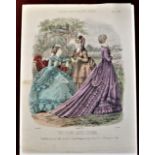 Paris Fashions - 'The Young Ladies Journal' coloured picture of (3) elegantly dressed women in