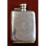 1942 - Birmingham Silver Hip Flask, good condition, heavy flip-top. Monogrammed, weight (1149)