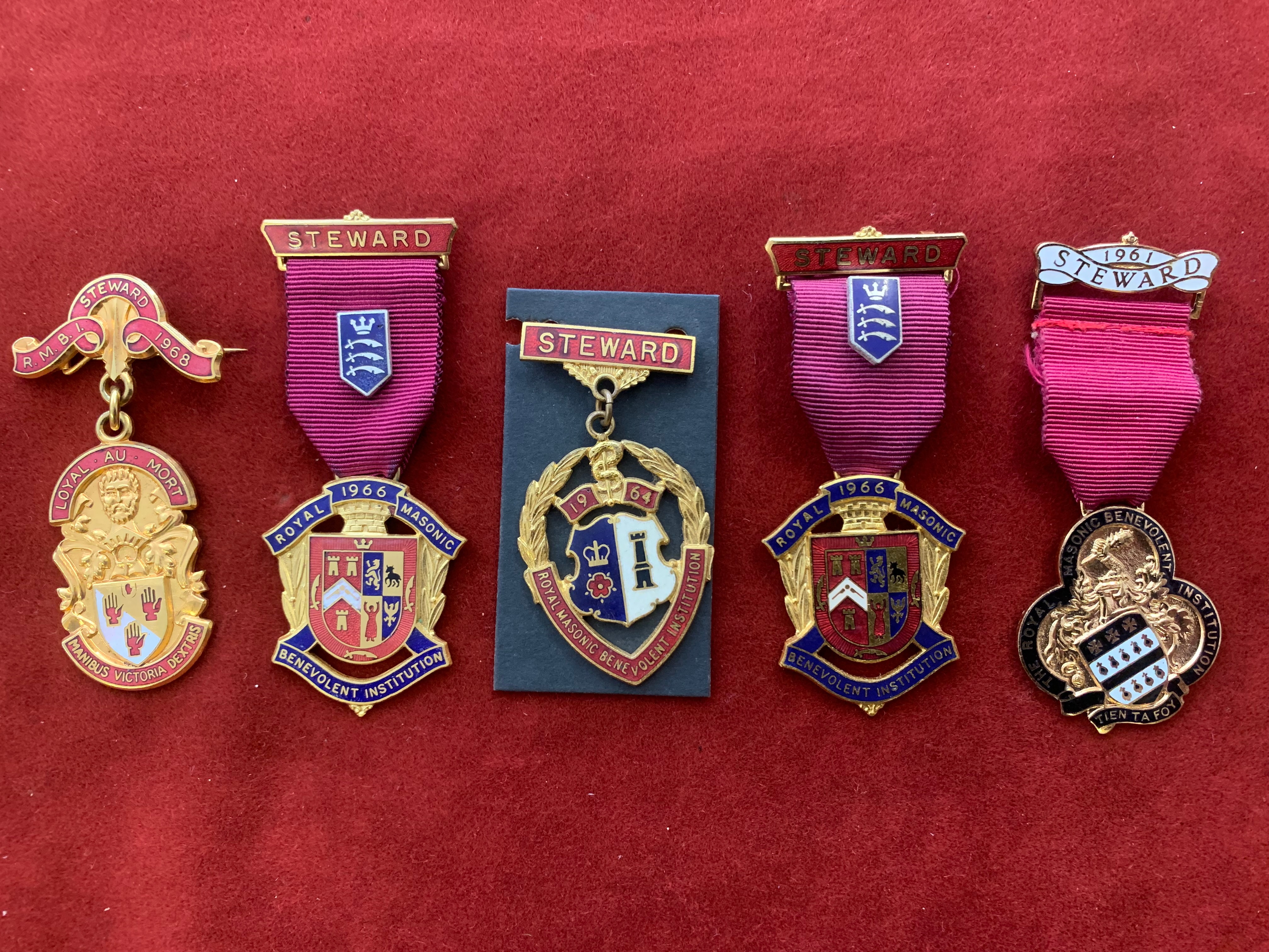 Royal Masonic Benevolent Institution Jewels (5) including dates 1961, 1964, two 1966 and 1968.