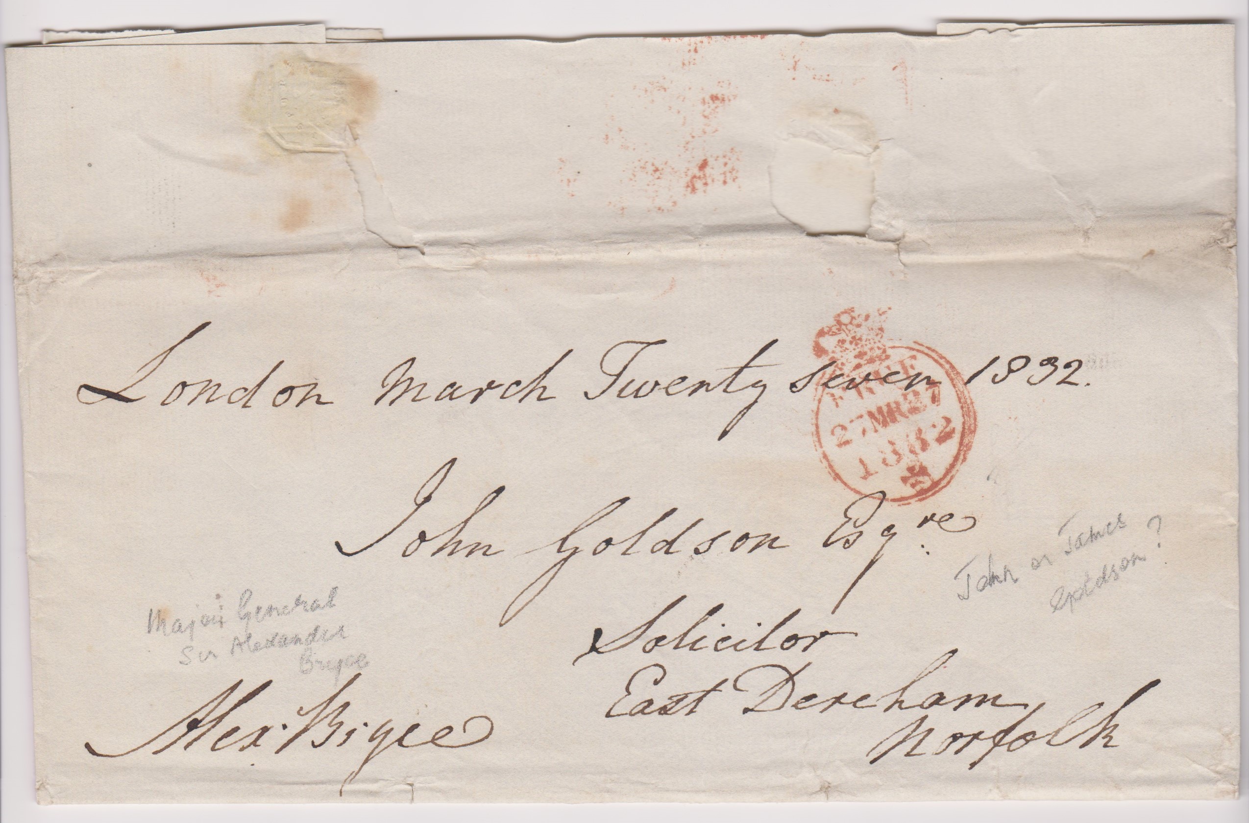 Great Britain 1832-Postal History-Wrapper and letter dated 27th March 1832-25 Downing Street