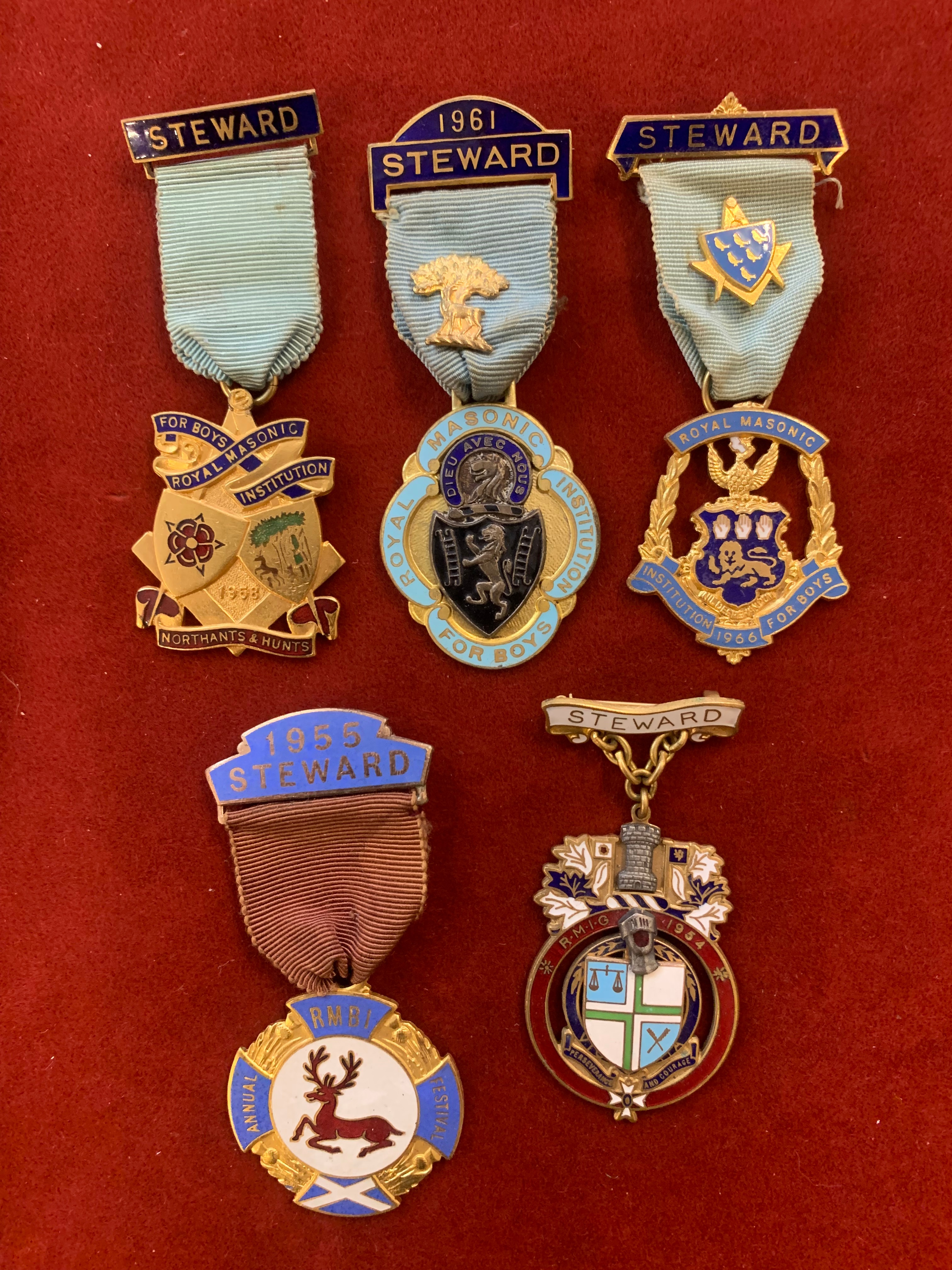 Royal Masonic Institution for Boys Stewards Jewels (5), including dates 1954, 1955, Northants &