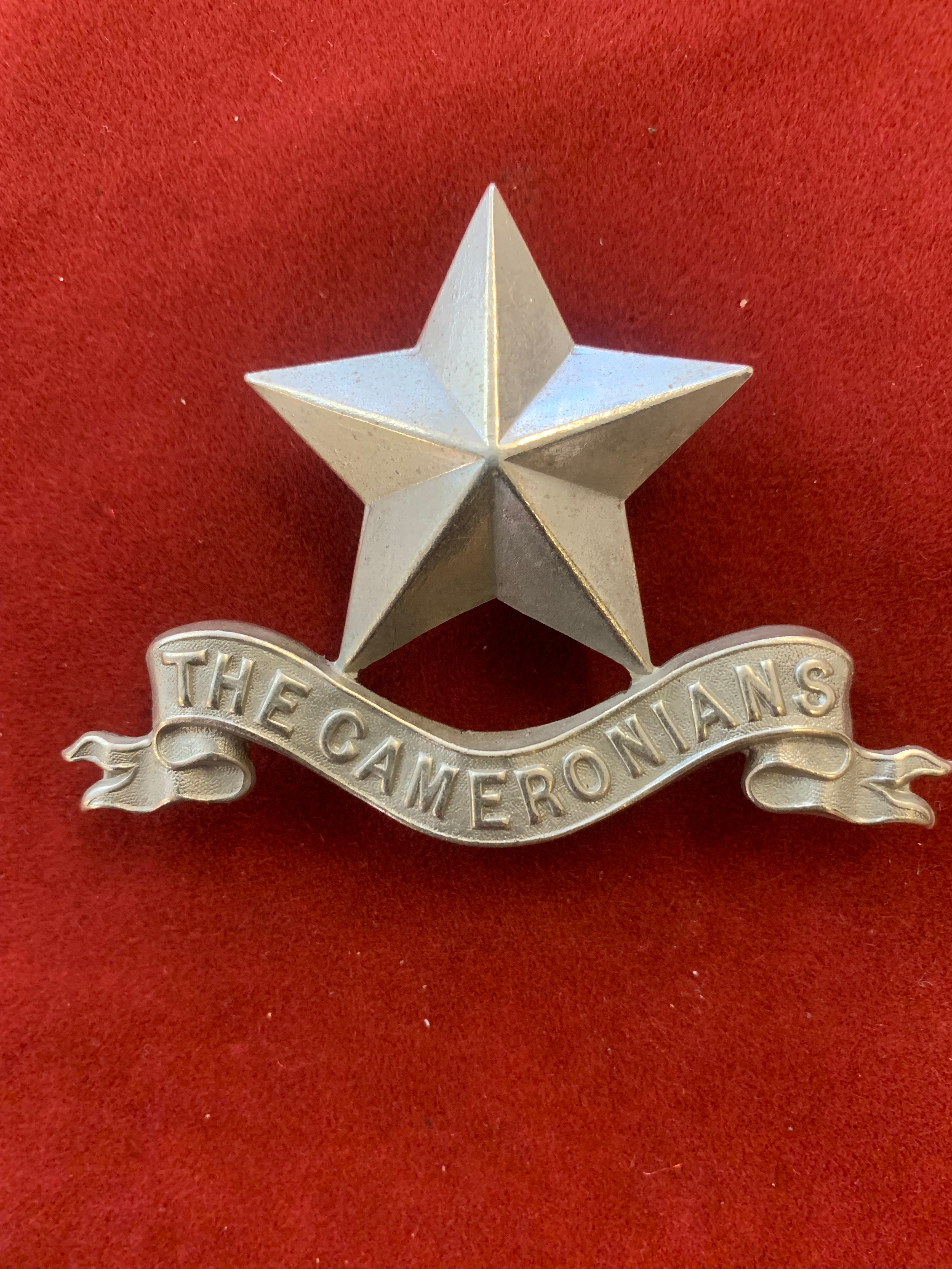 British WWI Cameronians Scottish Rifles Pipers Badge, white metal and three lugs.