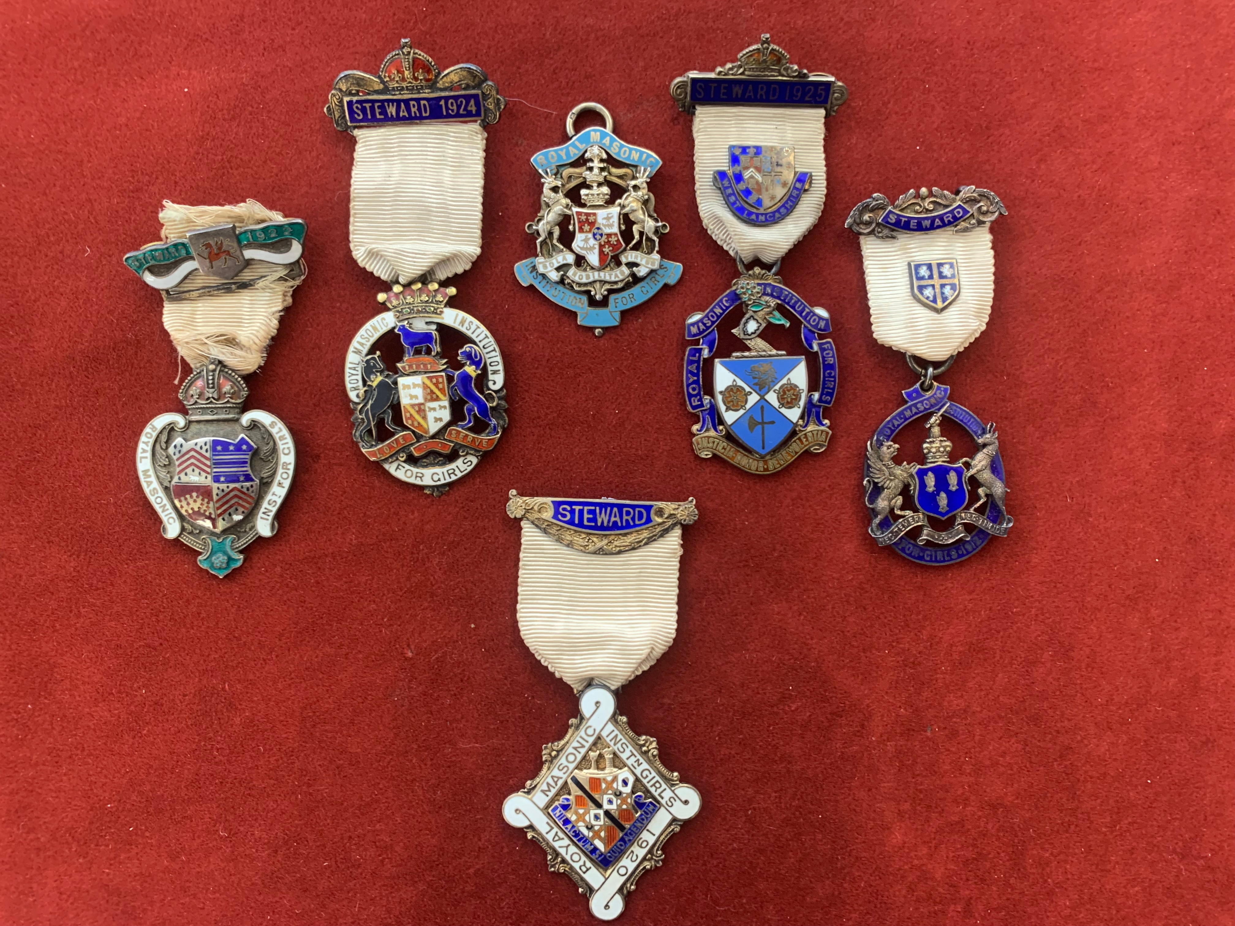 Royal Masonic Institution for Girls Stewards Jewels (6), including Durham 1912, Northumberland 1920.