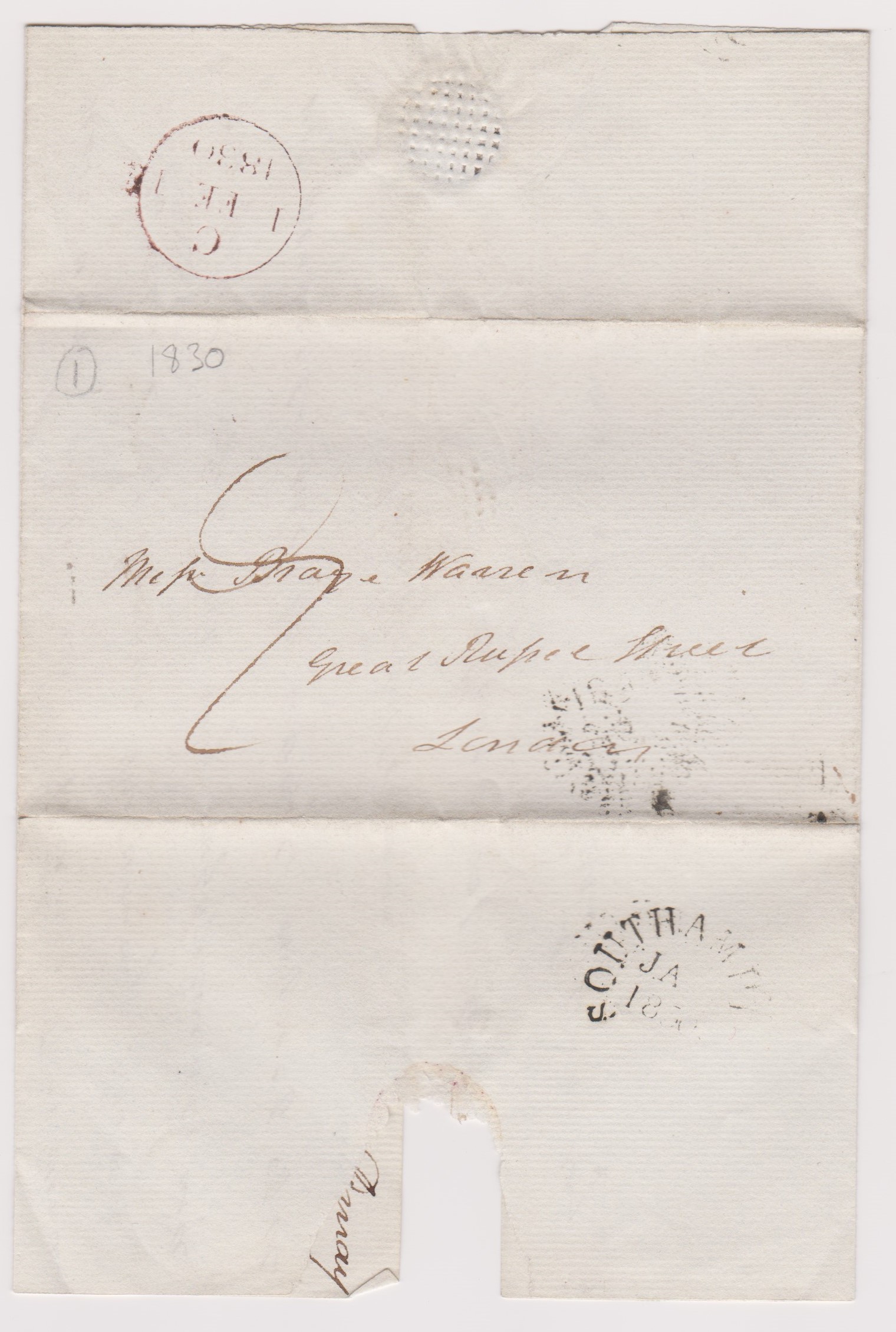 Great Britain 1830-Postal History EL dated 30.1.1830 Southampton posted to London-manuscript postage