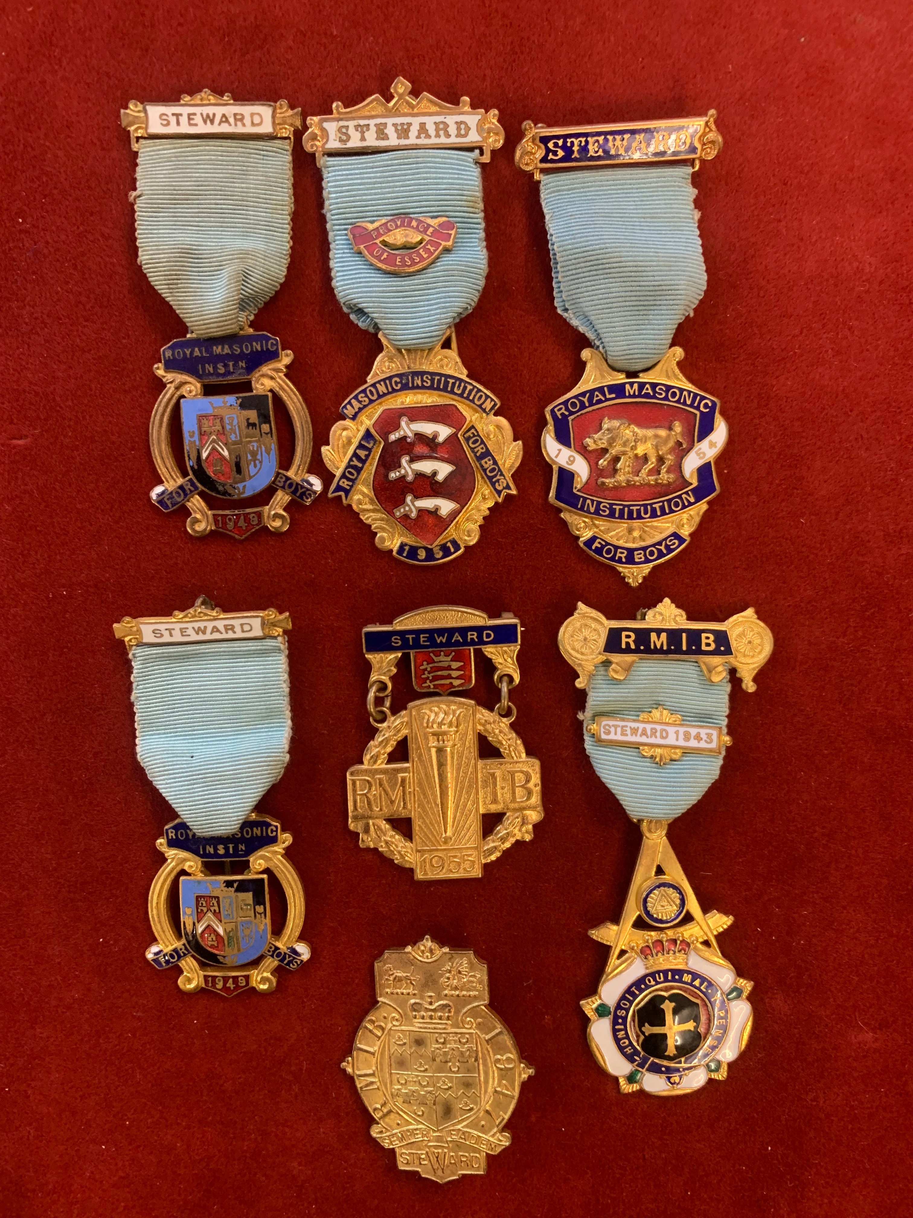 Royal Masonic Institution for Boys Stewards Jewels (7), including dates 1943, two 1949, Essex