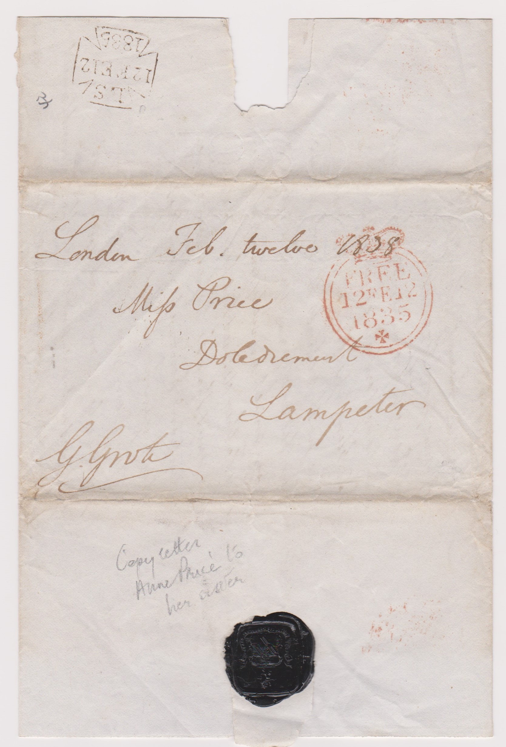 Great Britain 1835-Postal History-EL dated Feb 12th 1835 London posted to Lampeter-red crown Free/