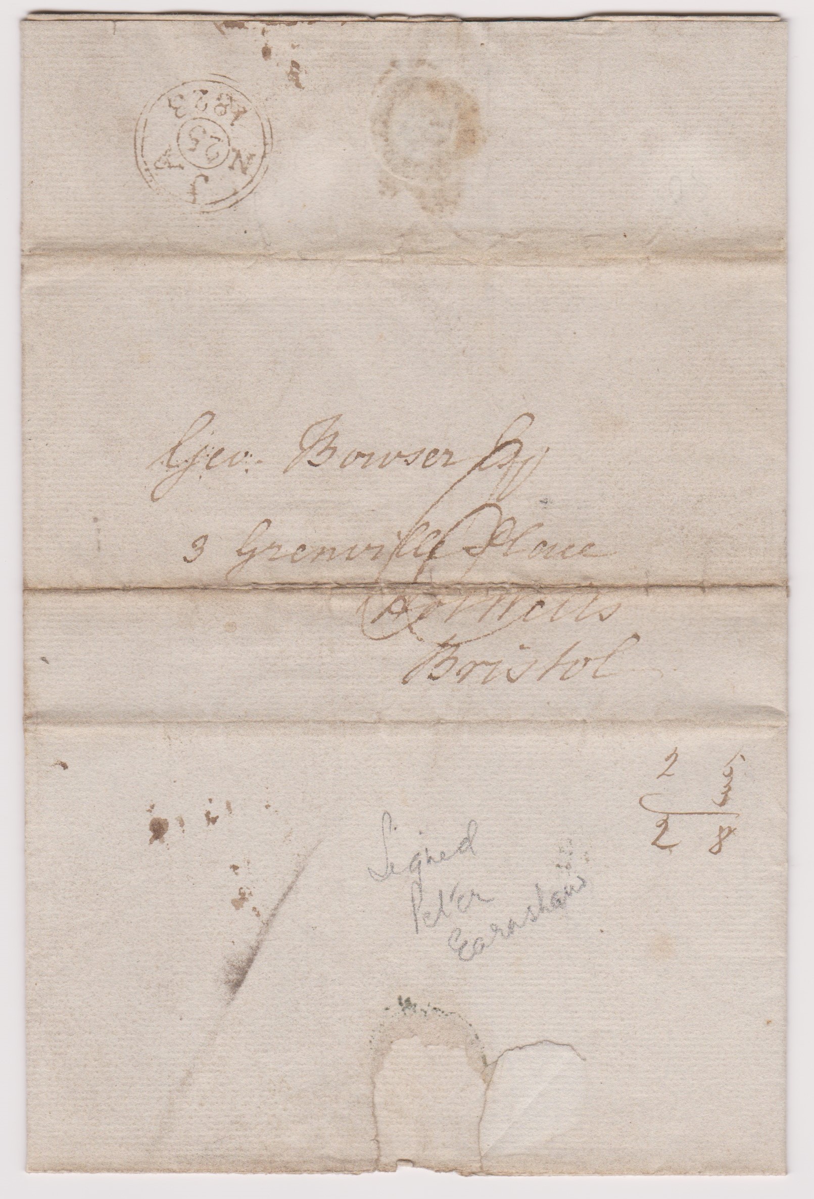 Great Britain 1823-Postal History-EL dated 24th Jan 1823-posted to Bristol manuscript 6-double