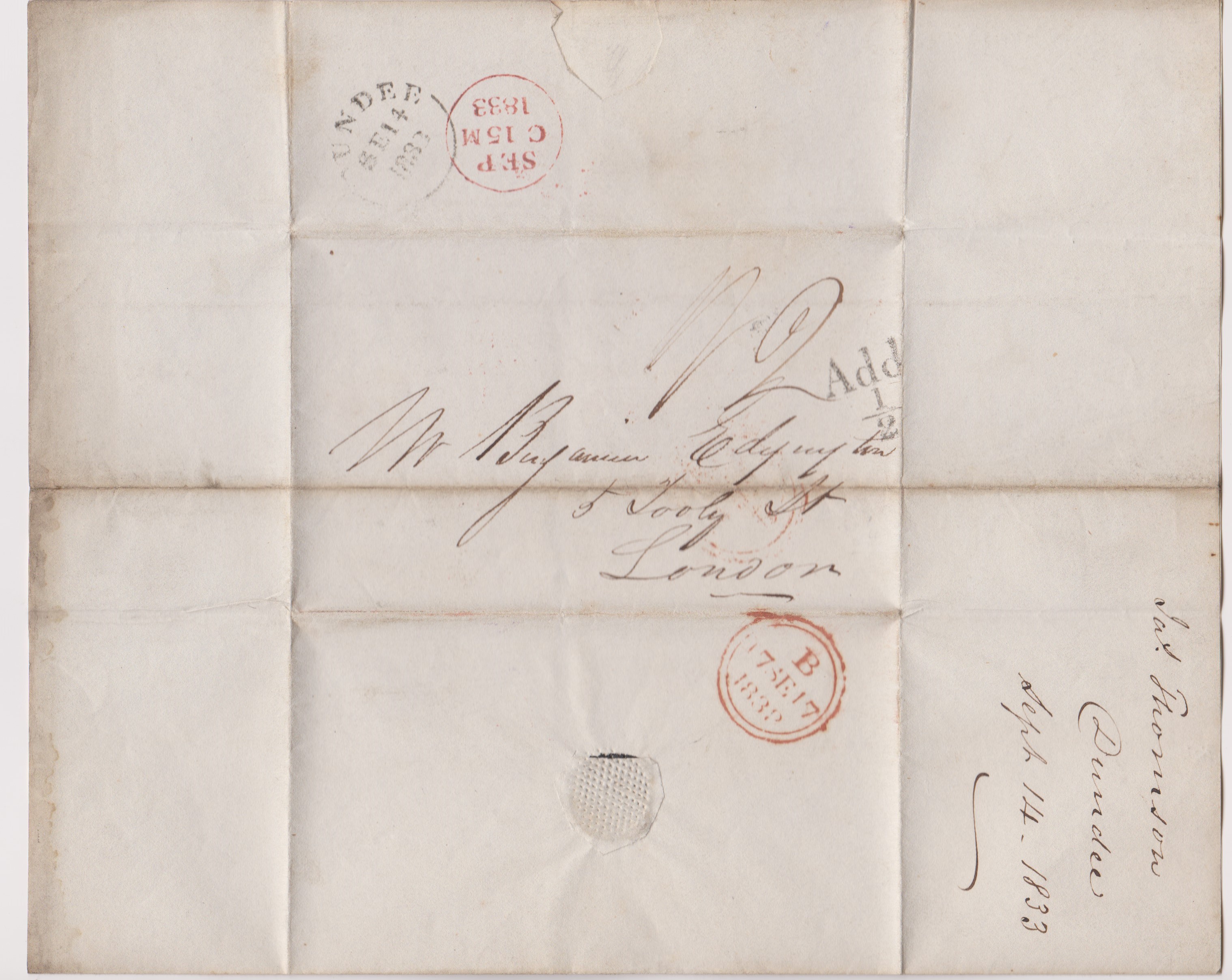 Great Britain 1833-Postal History EL dated 124th Sept 1833 Dundee posted to London-manuscript 2