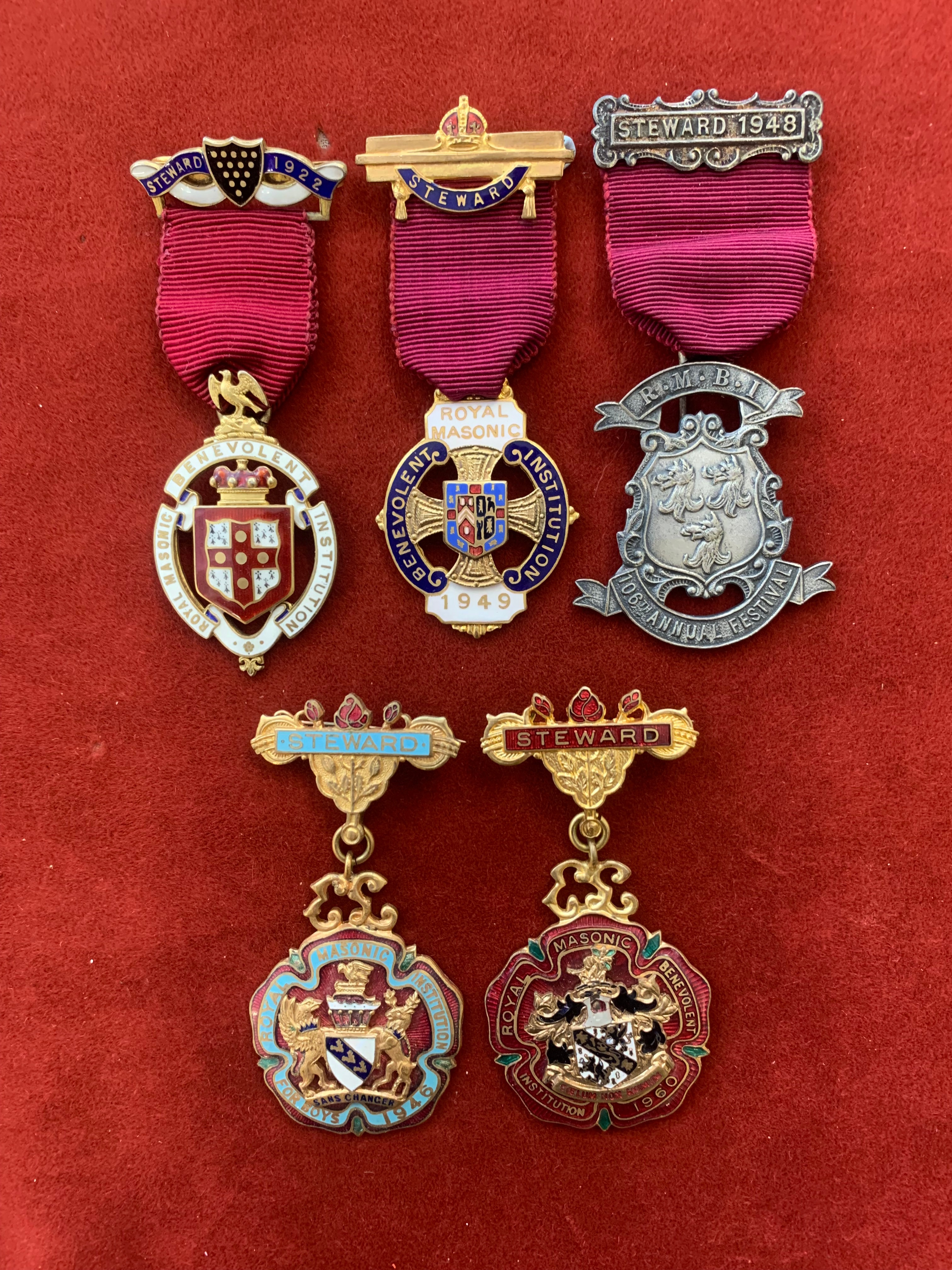 Royal Masonic Benevolent Institution Silver Jewels (5) including dates 1922, 1946, 1948, 1949 and