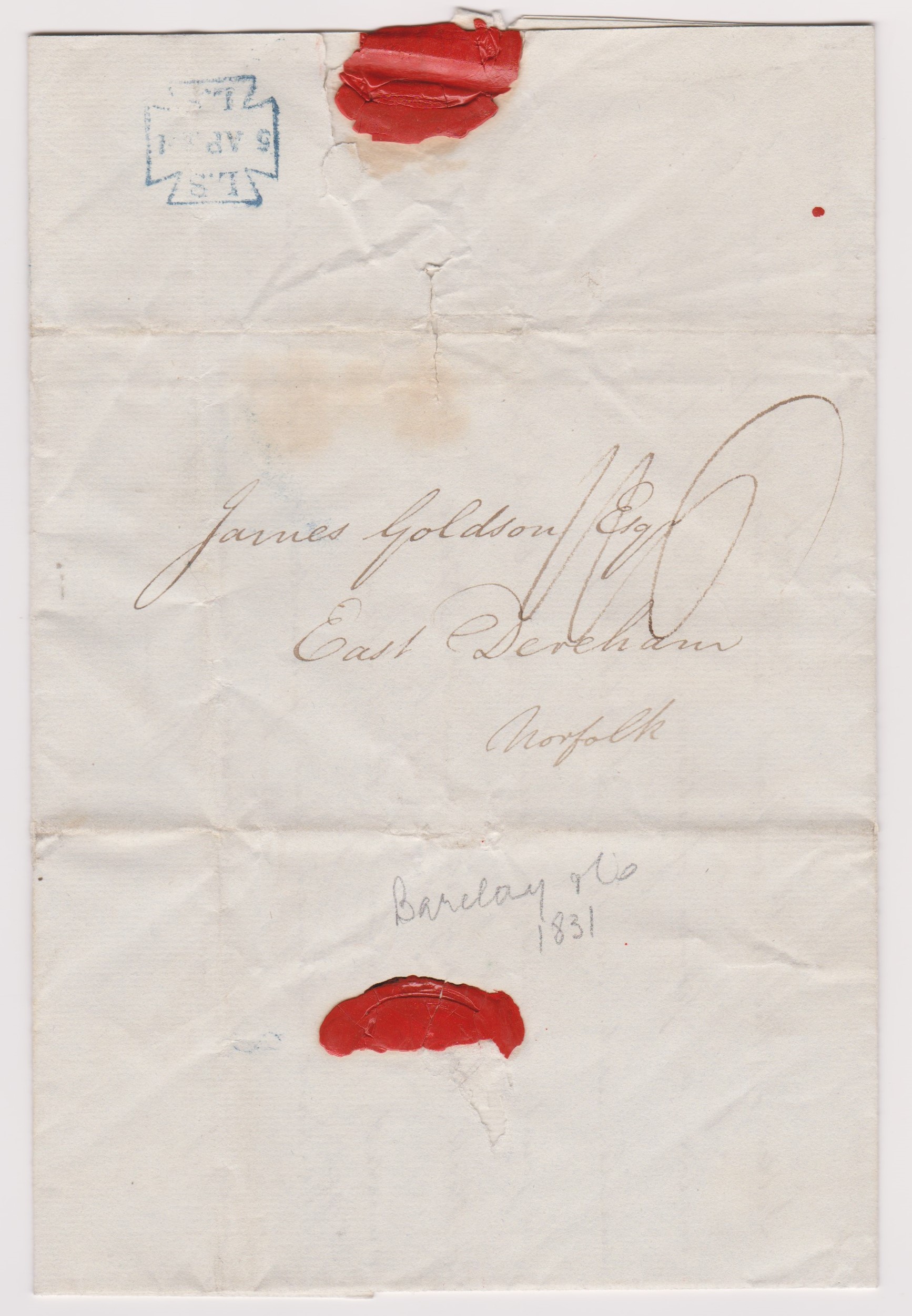 Great Britain 1831-Postal History-EL dated 5th April 1831-London posted to East Dereham manuscript