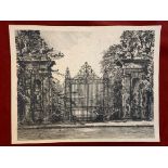 Antique Etching-By William Monk depicting the Grand Entrance and Gates of a stately home 1901 Monk