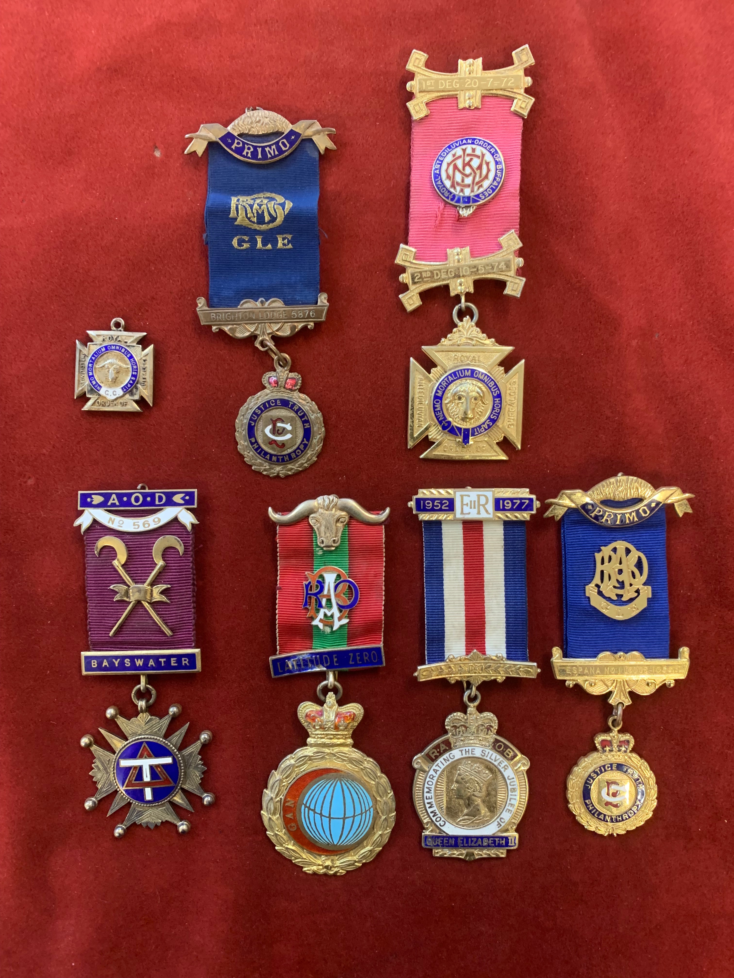 Royal Antediluvian Order of Buffaloes (RAOB) Jewels (7) including Espana Lodge, EIIR 1977 Jubilee,