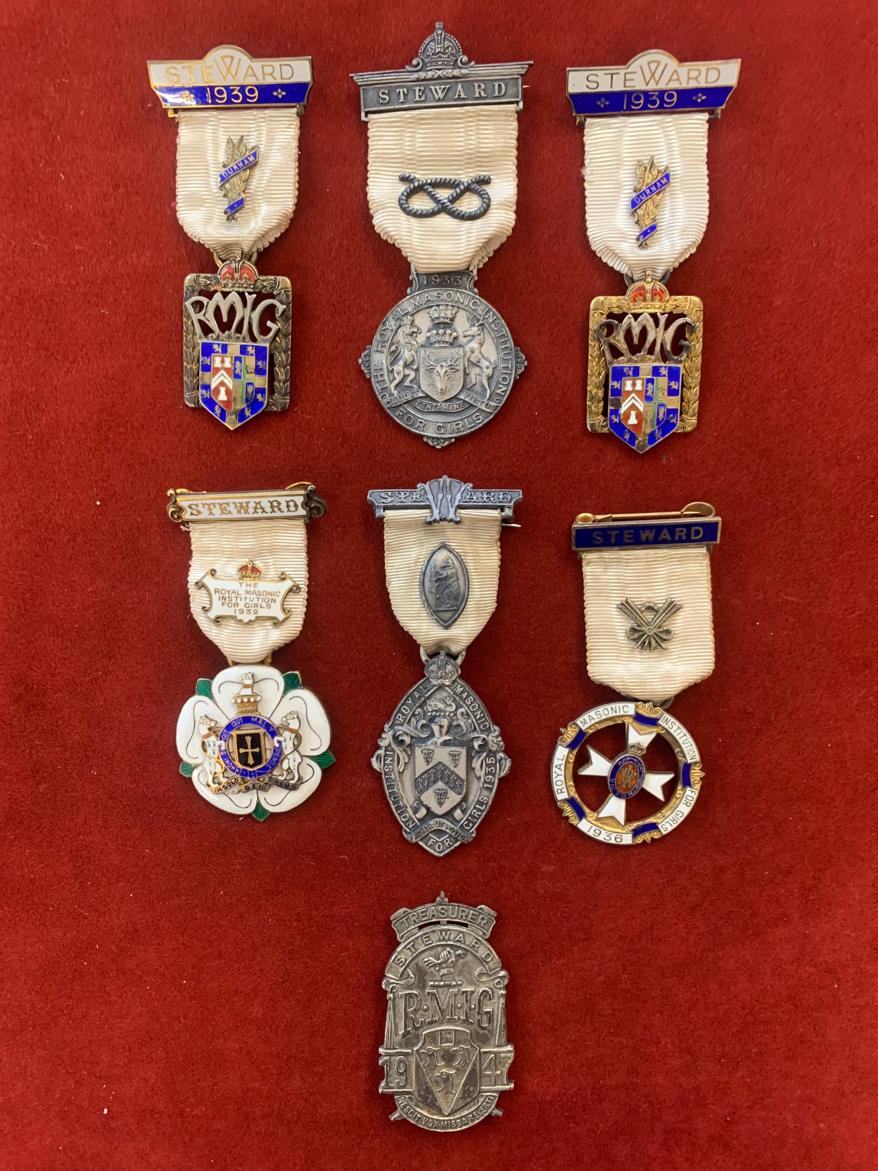 Royal Masonic Institution for Girls Stewards Jewels (6), including Yorkshire 1932, one dated 1936,