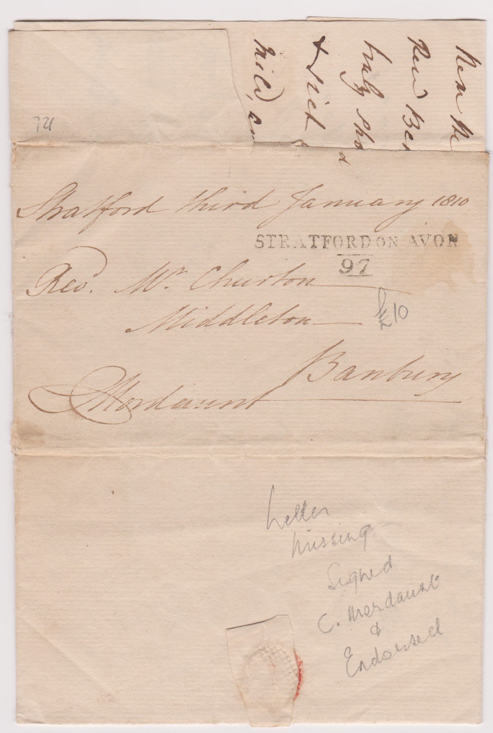 Great Britain 1810 - Postal History wrapper and letter dated Jan 3rd 1810-Stratford posted to