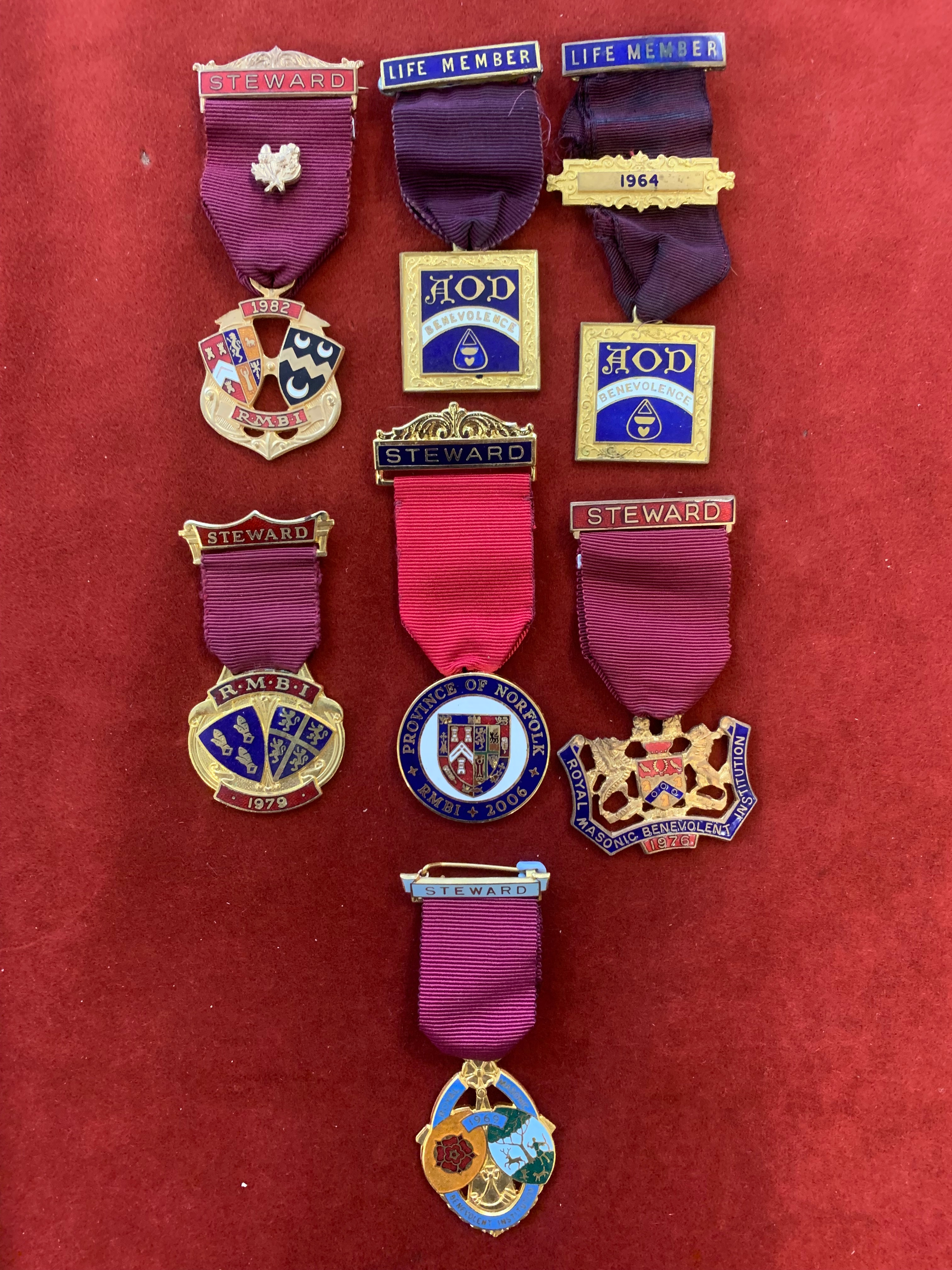 Royal Masonic Benevolent Institution Jewels (7) including dates 1969, 1976, 1979, 1982, Province