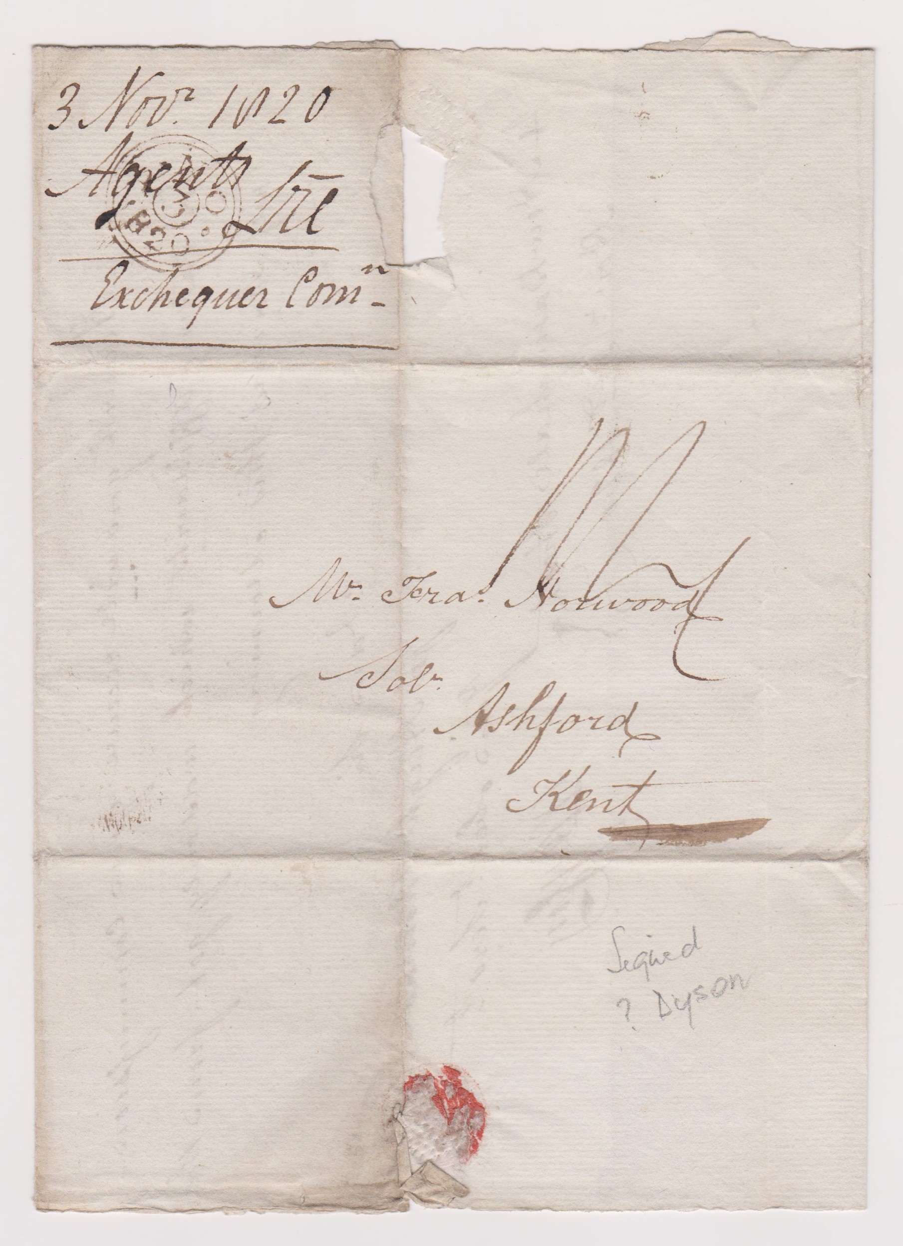 Great Britain 1820-Postal History EL dated Nov 3rd 1820 New Basinghale Street posted to Ashford