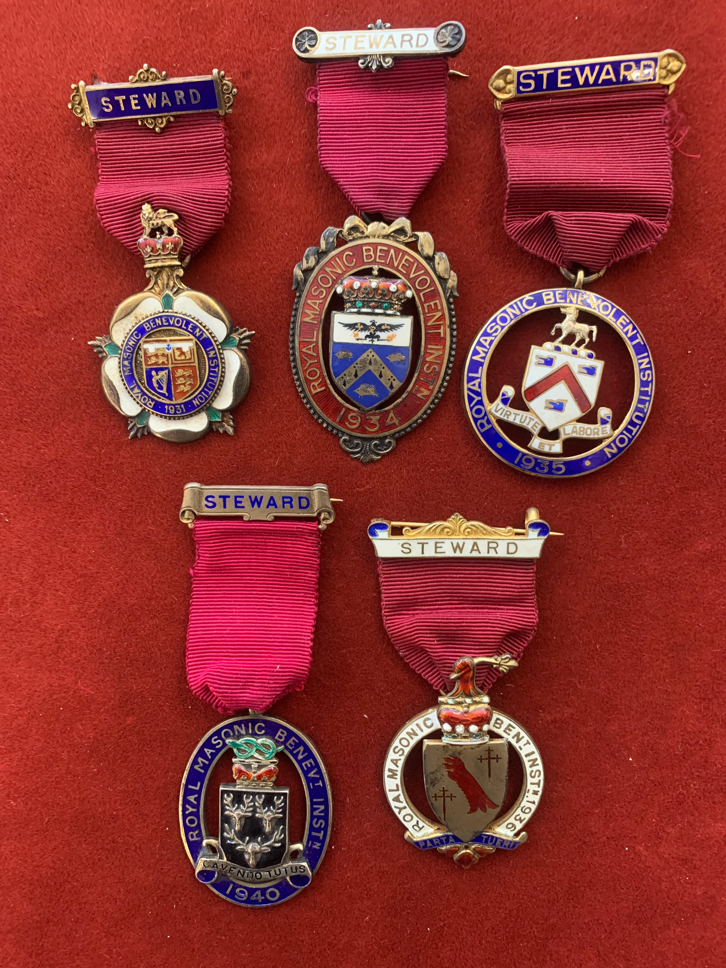 Royal Masonic Benevolent Institution Silver Jewels (5) including dates 1931, 1934, 1935, 1936 and