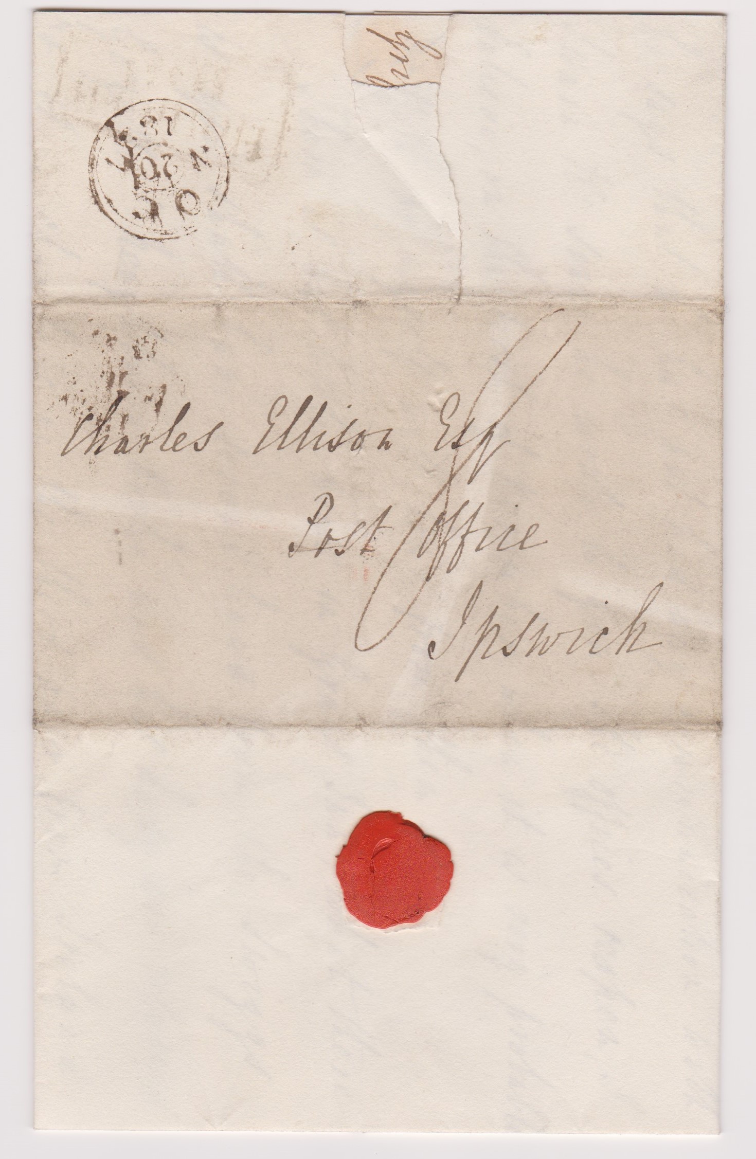 Great Britain 1827-Postal History-EL dated 20th Oct 1827 Grays Inn posted to Ipswich black 2 ring OC