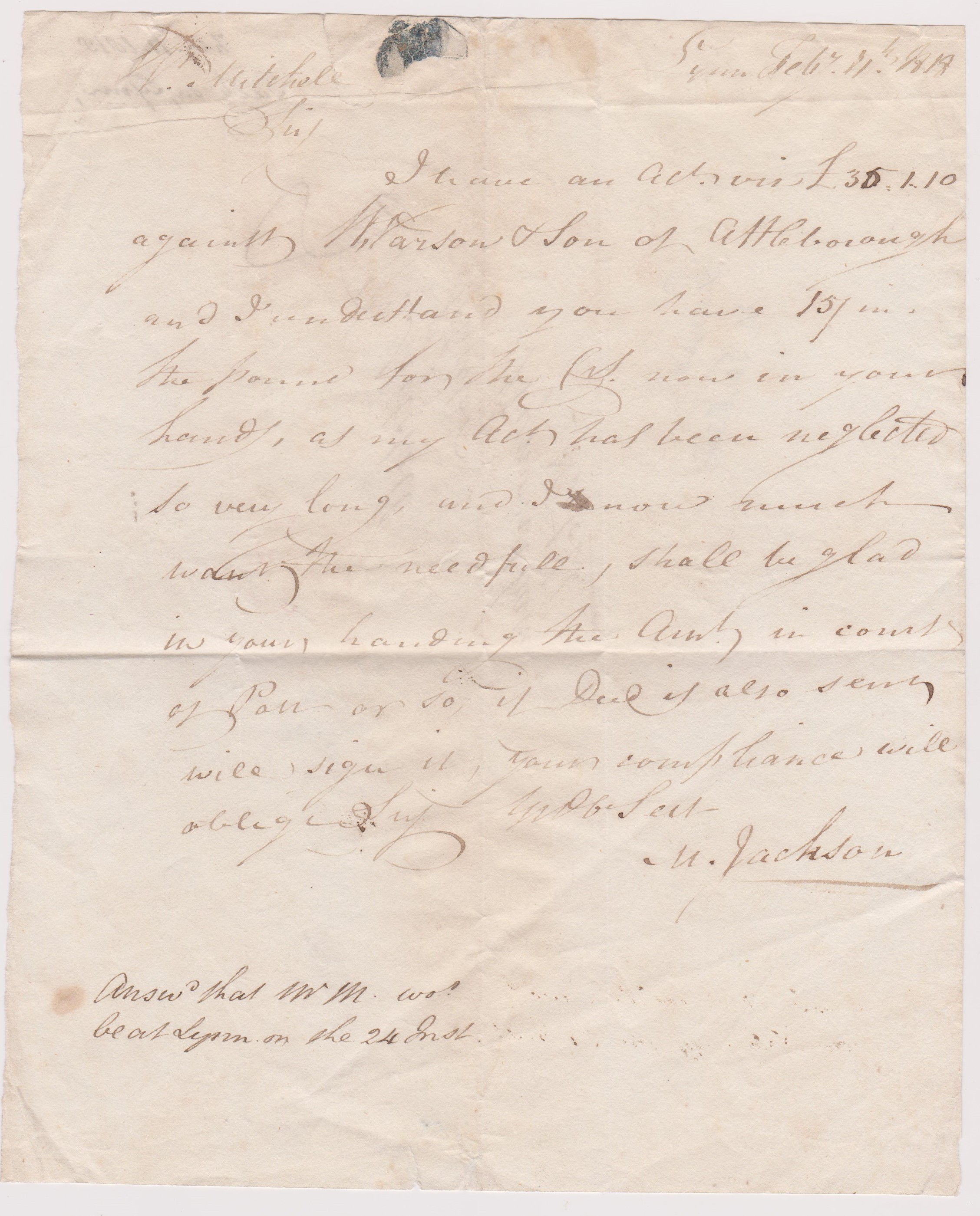 Great Britain 1818 - Postal History EL dated Dec 4th 1818 Lynn posted to Wymondham-manuscript 9 - Image 2 of 2