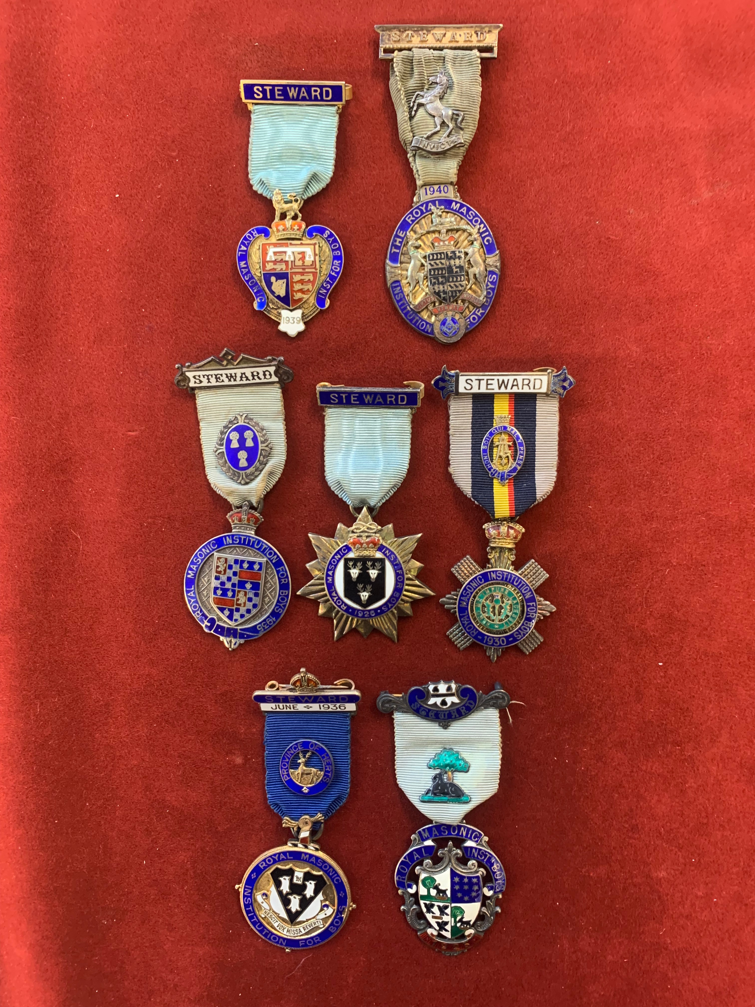 Royal Masonic Institution for Boys Stewards Jewels (7), including Worcestershire 1925, Cavendish