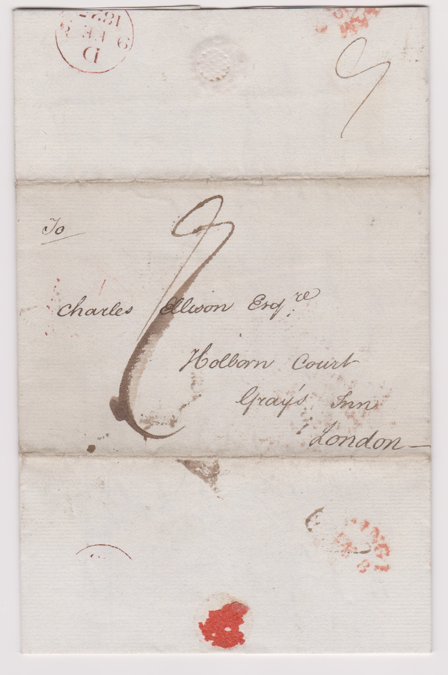 Great Britain 1825-Postal History-EL dated 8th Feb 1825 Birmingham posted to London-manuscript 9-red