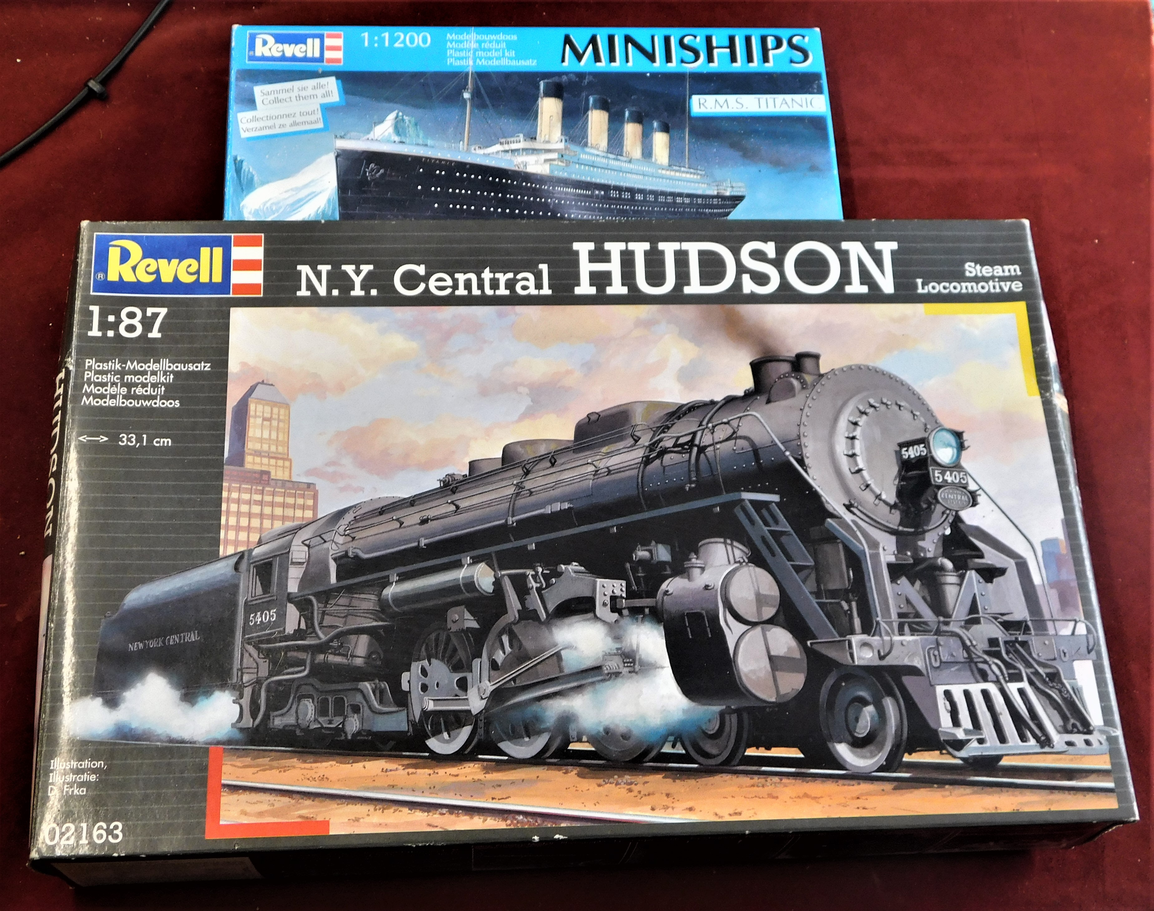Model kits by Revell (2) including New York Central Hudson Steam Locomotive and Minishops R.M.S.