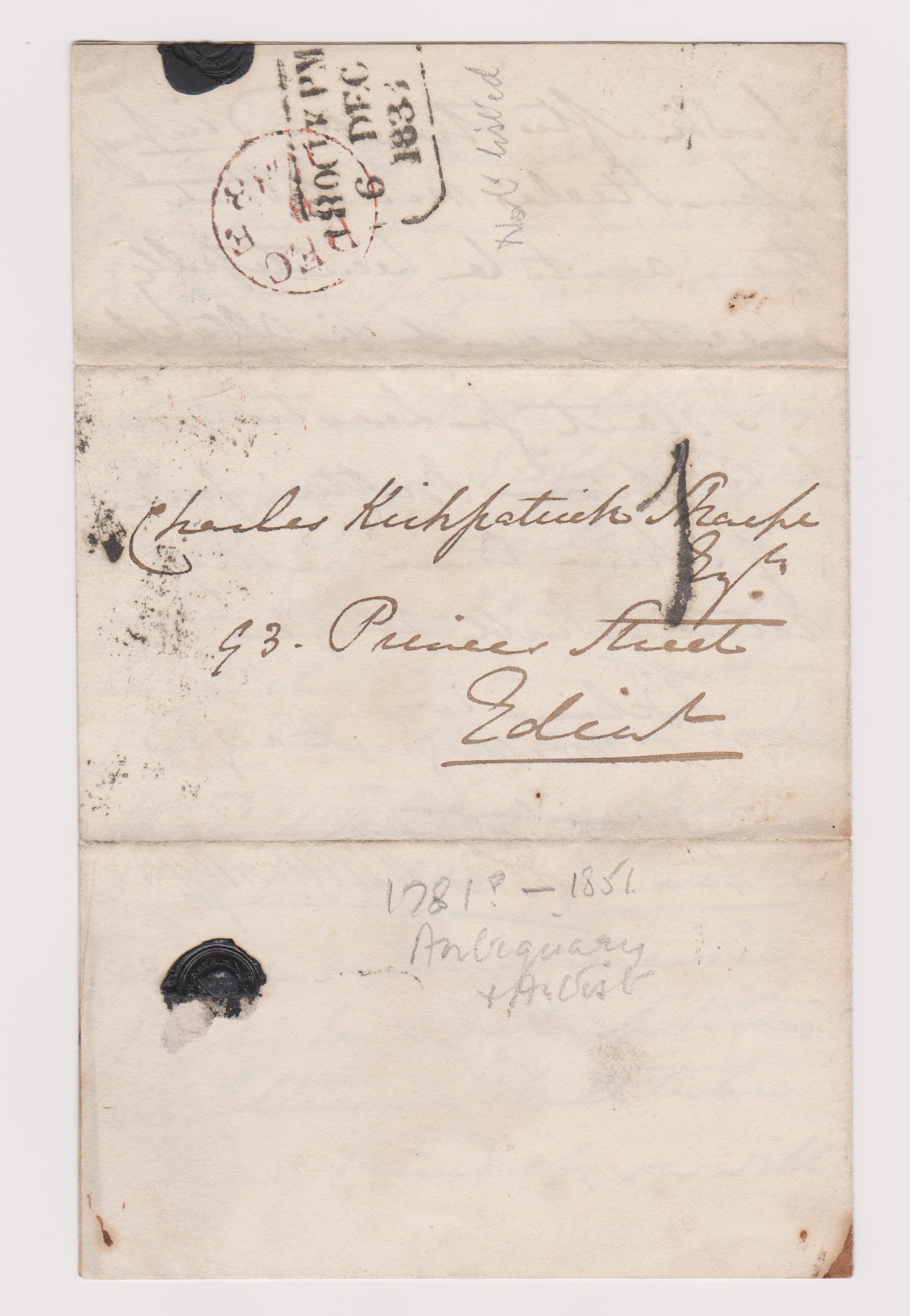 Great Britain 1833-Postal History-EL posted within Edinburgh-manuscript 1-in black red single ring