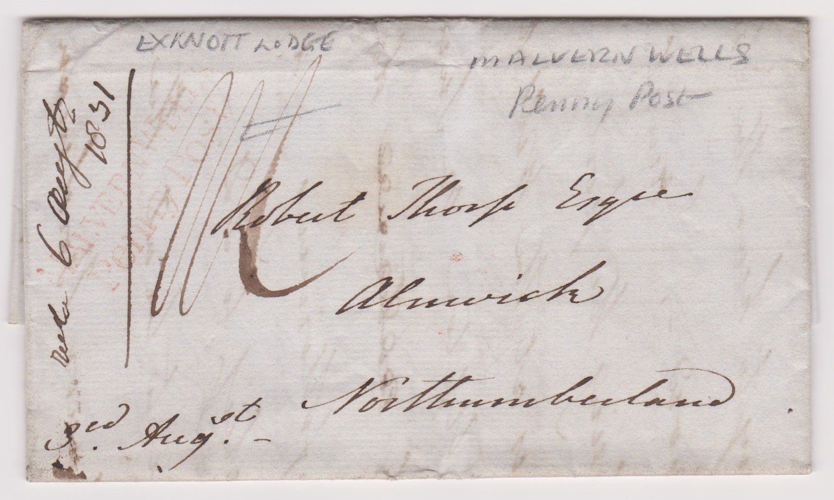 Great Britain 1831-Postal History EL dated 3.8.1831 posted to Alnwich cancelled with 2 line red