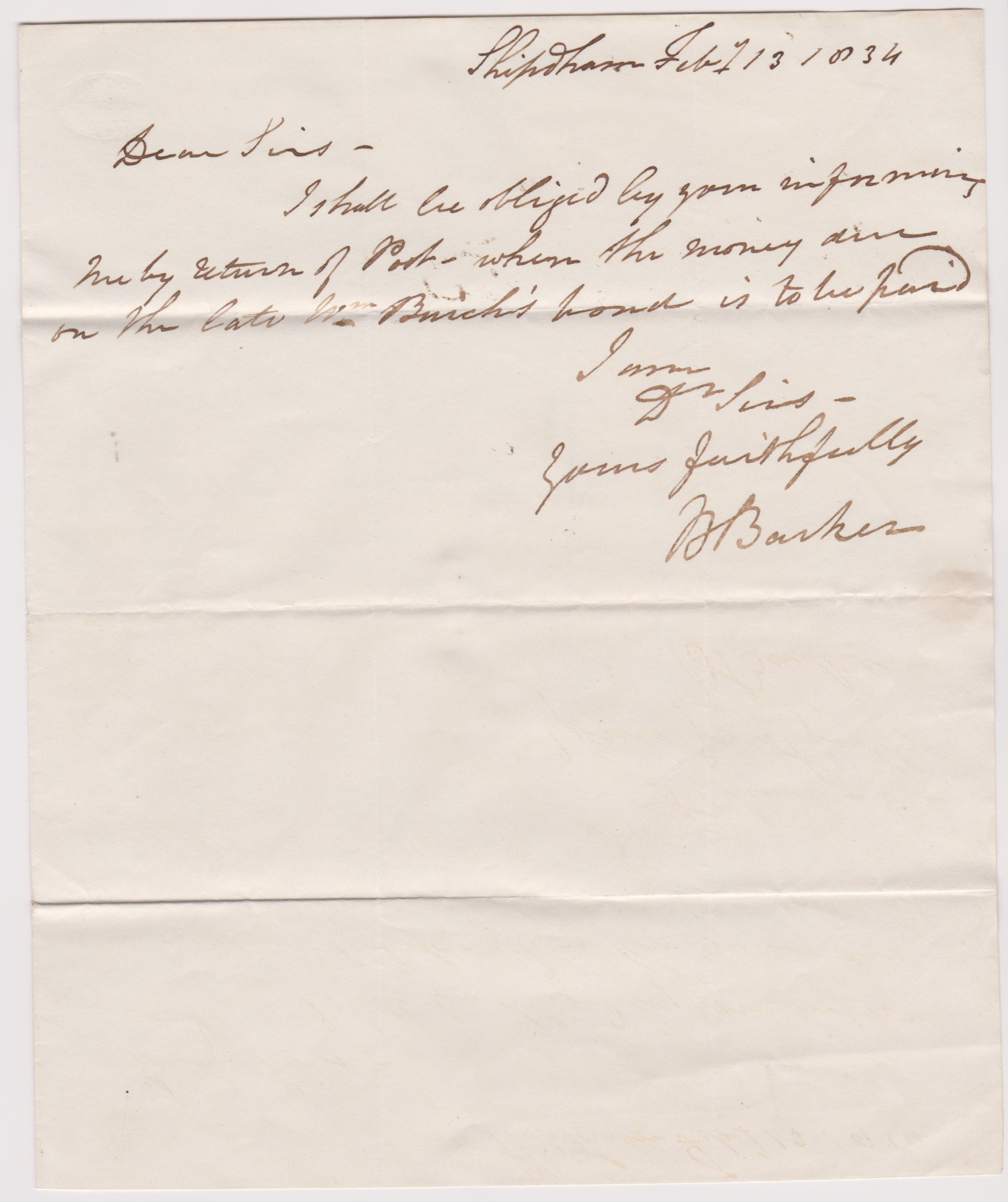 Great Britain 1834-Postal History-EL dated 13th Feb 1834-Shipdham posted to Wymondham-manuscript 7- - Image 2 of 2