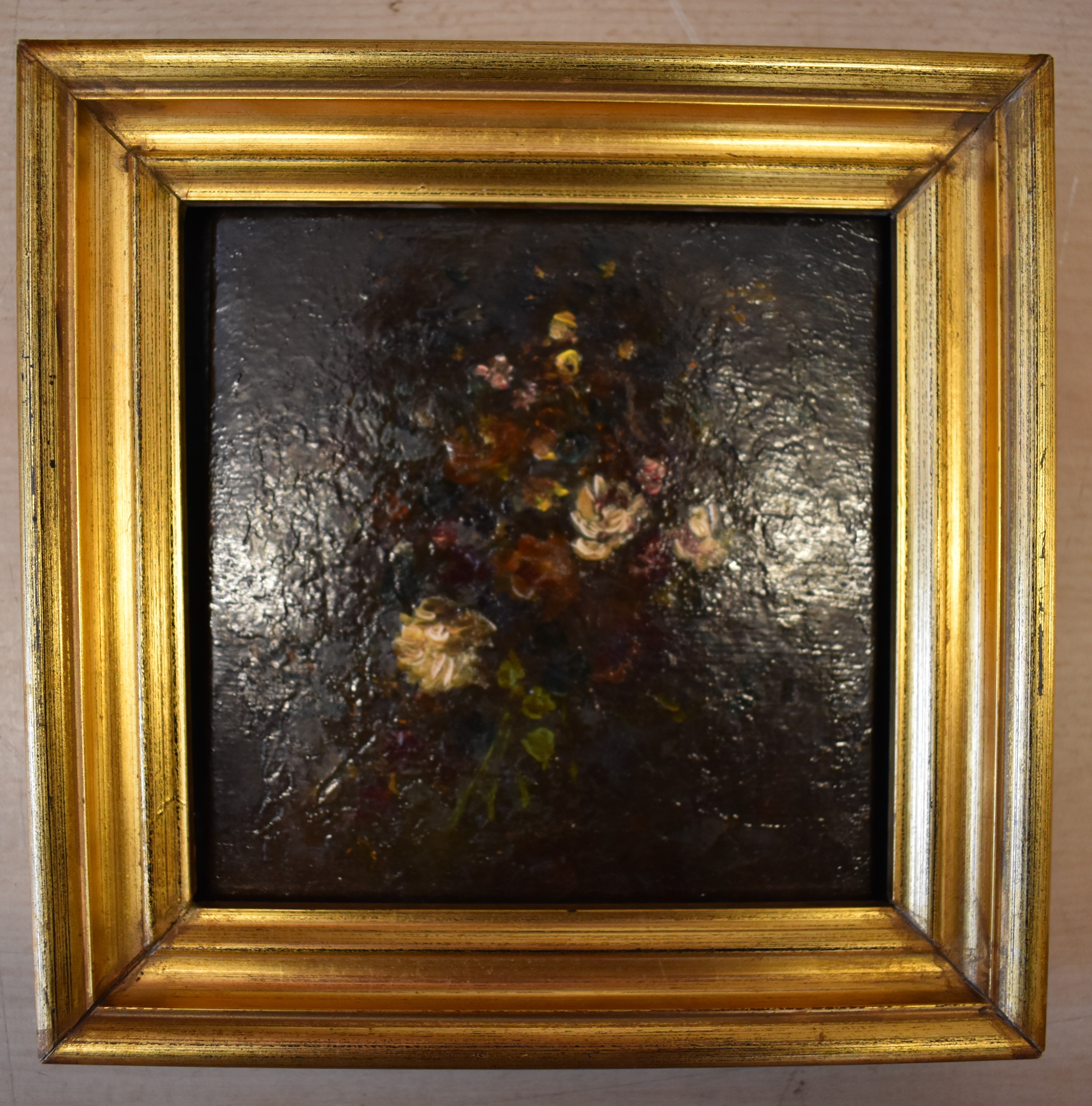 Vintage framed painting on tile, a floral design depicting a bouquet of flowers. Signed M.A. - Image 3 of 3