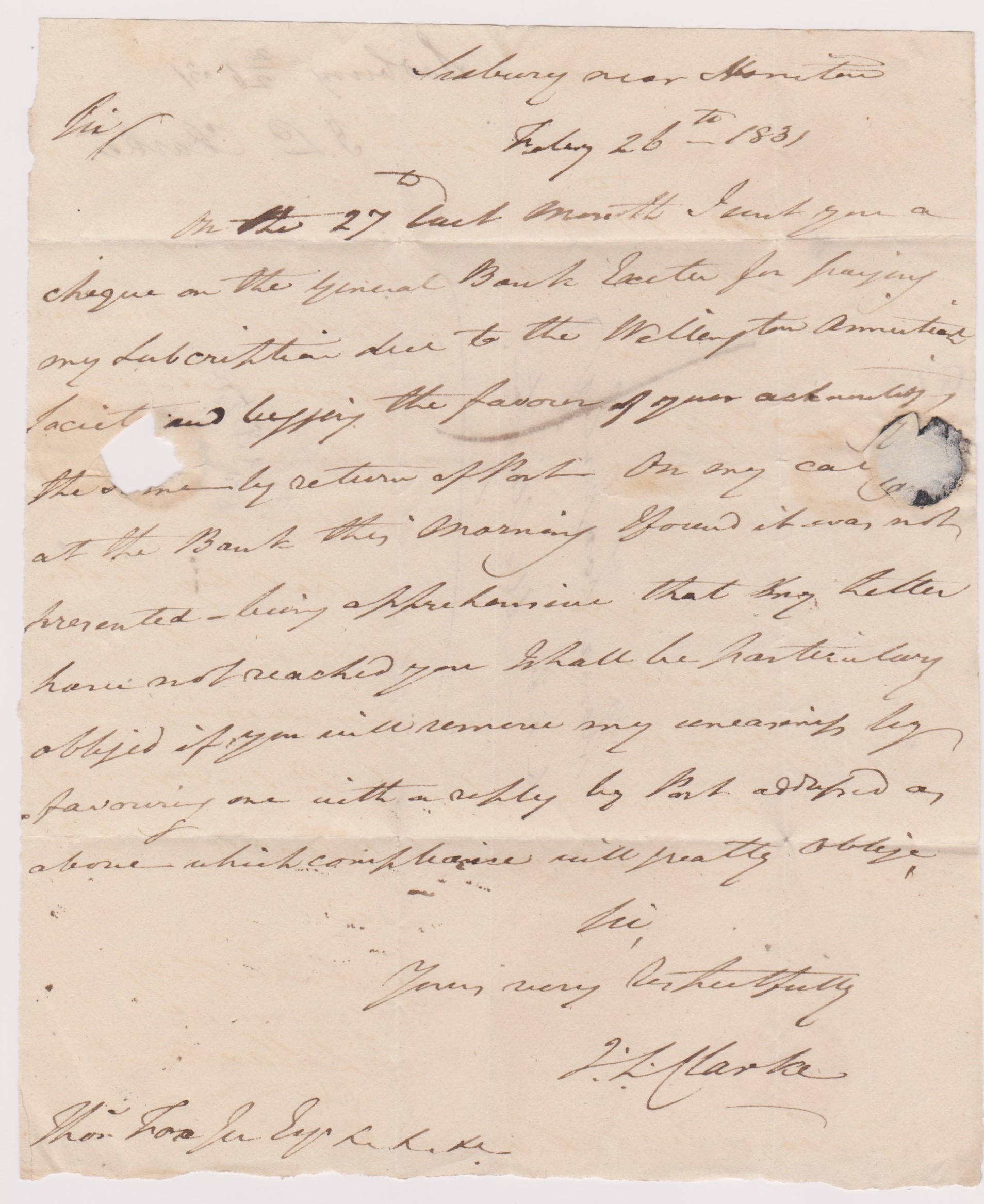 Great Britain 1831-Postal History EL dated Feb 26th 1831-Sudbury posted to Wellington-manuscript 1- - Image 2 of 2