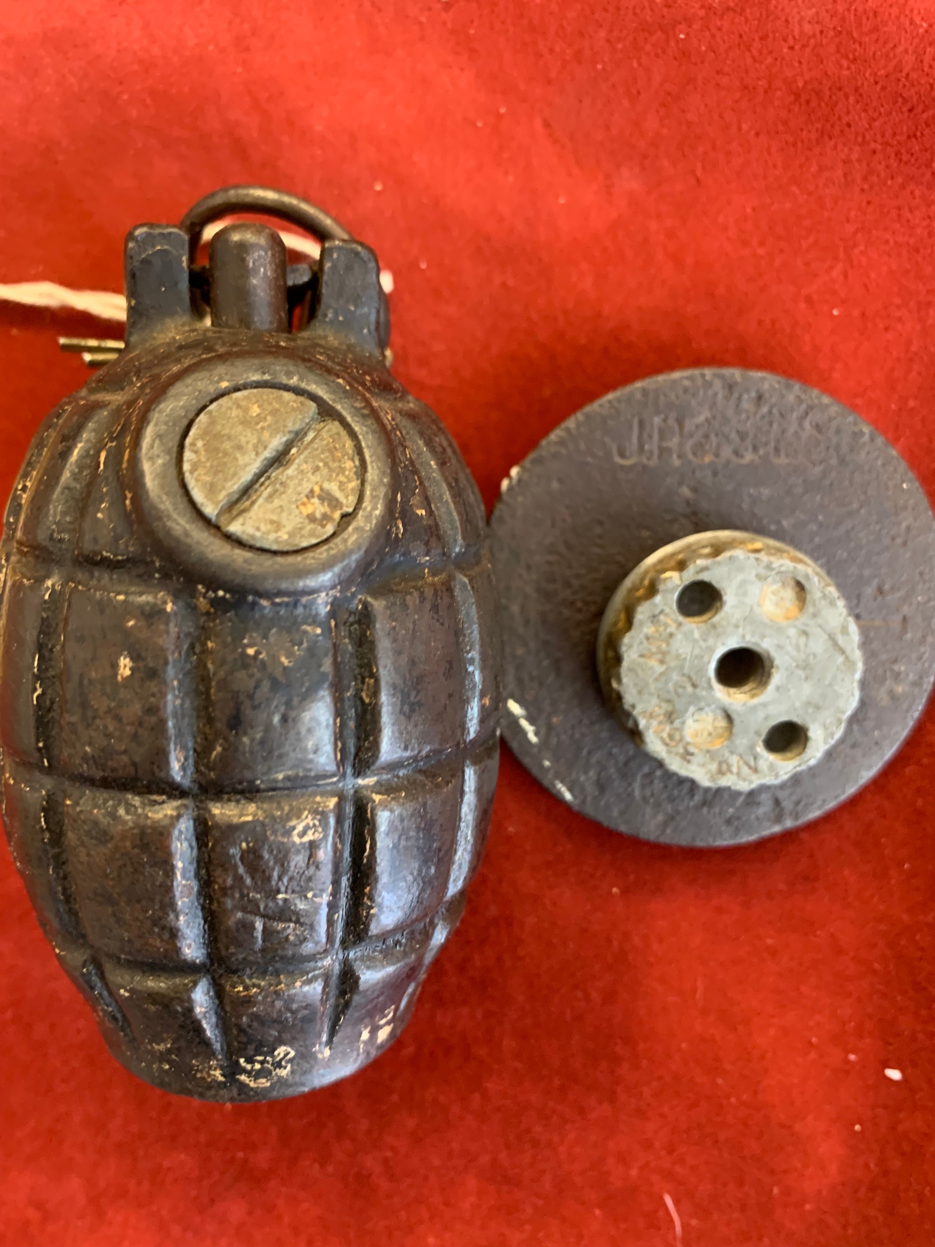 British WWII No.36 Mills Bomb made by Callenders Abbots Foundry Co. Ltd., Glasgow. Non-matching - Image 2 of 2