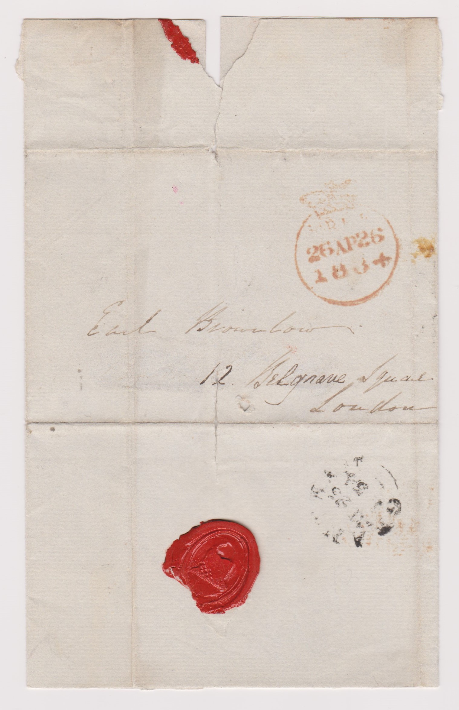 Great Britain 1834-Postal History-Wrapper posted to Belgrave Square-black Grantham/AP25/1834