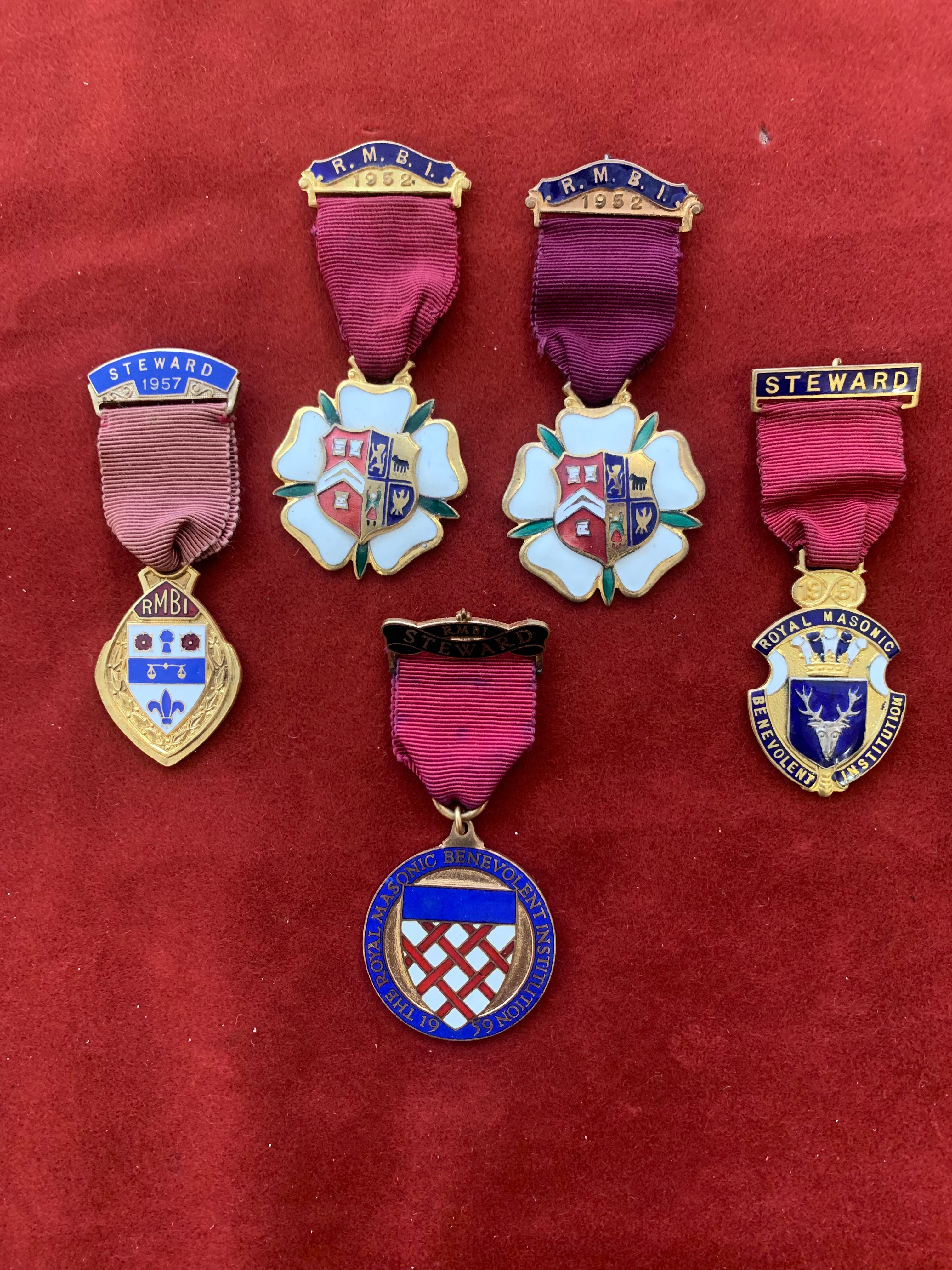 Royal Masonic Benevolent Institution Silver Jewels (5) including dates 1951, two 1952, 1957 and