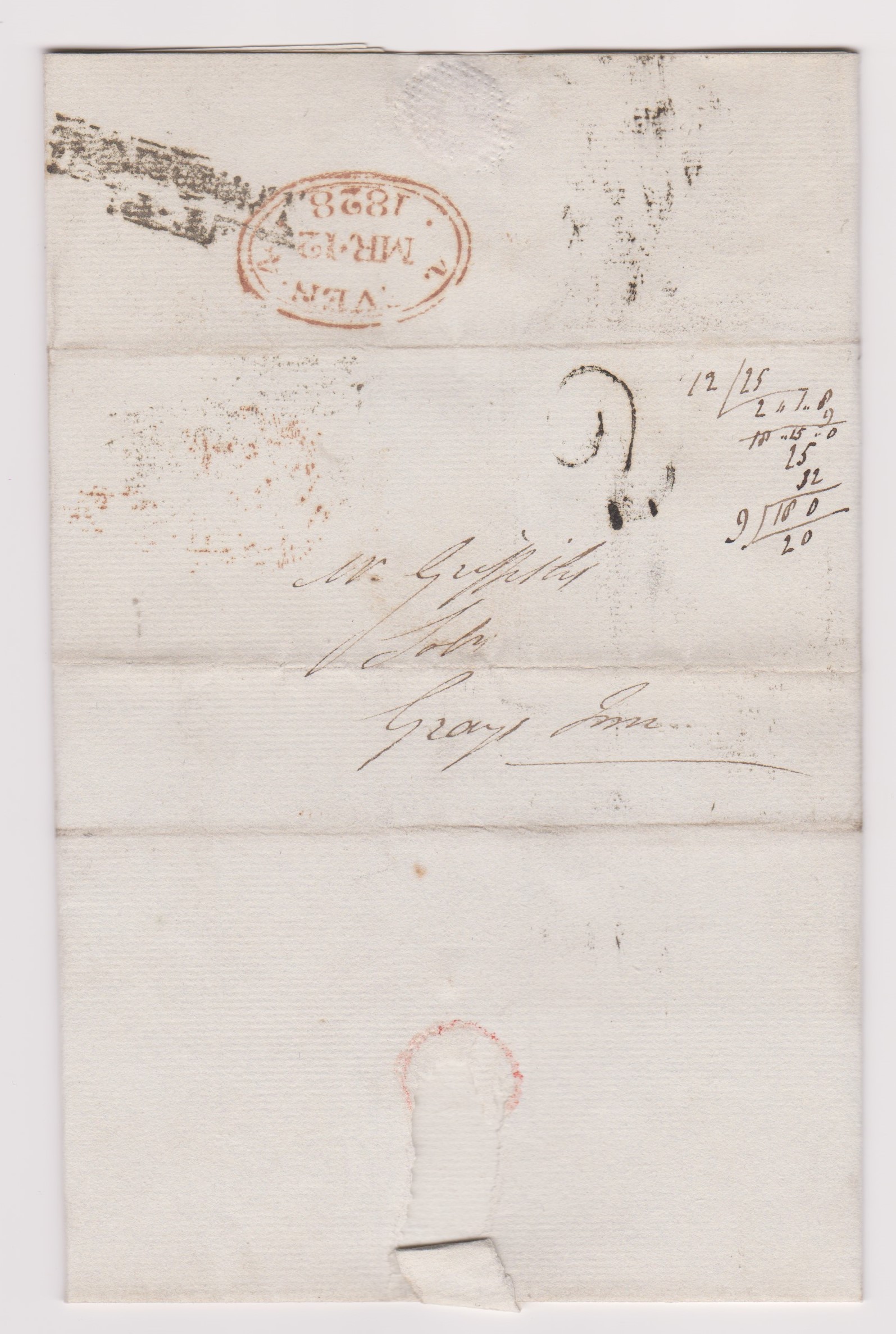 Great Britain 1820 - Postal History EL dated 12th March 1820 posted to Gray's Inn London-