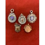 Masonic related Victorian and later Silver and enamel pocket watch chain fobs (4) and one rolled